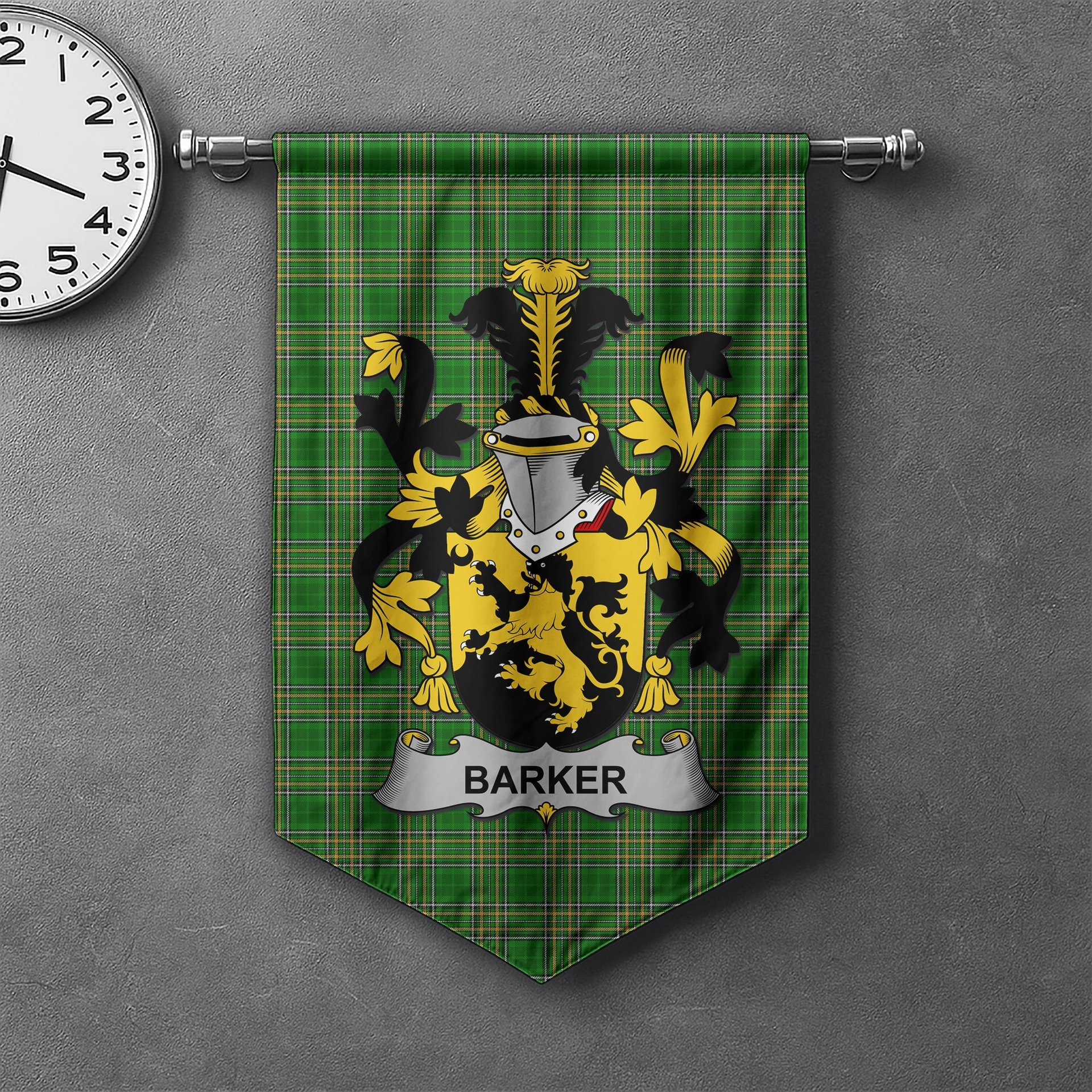 ScotsTee Shop Irish Barker Clan Coat of Arms Irish Tartan Gonfalon Flag