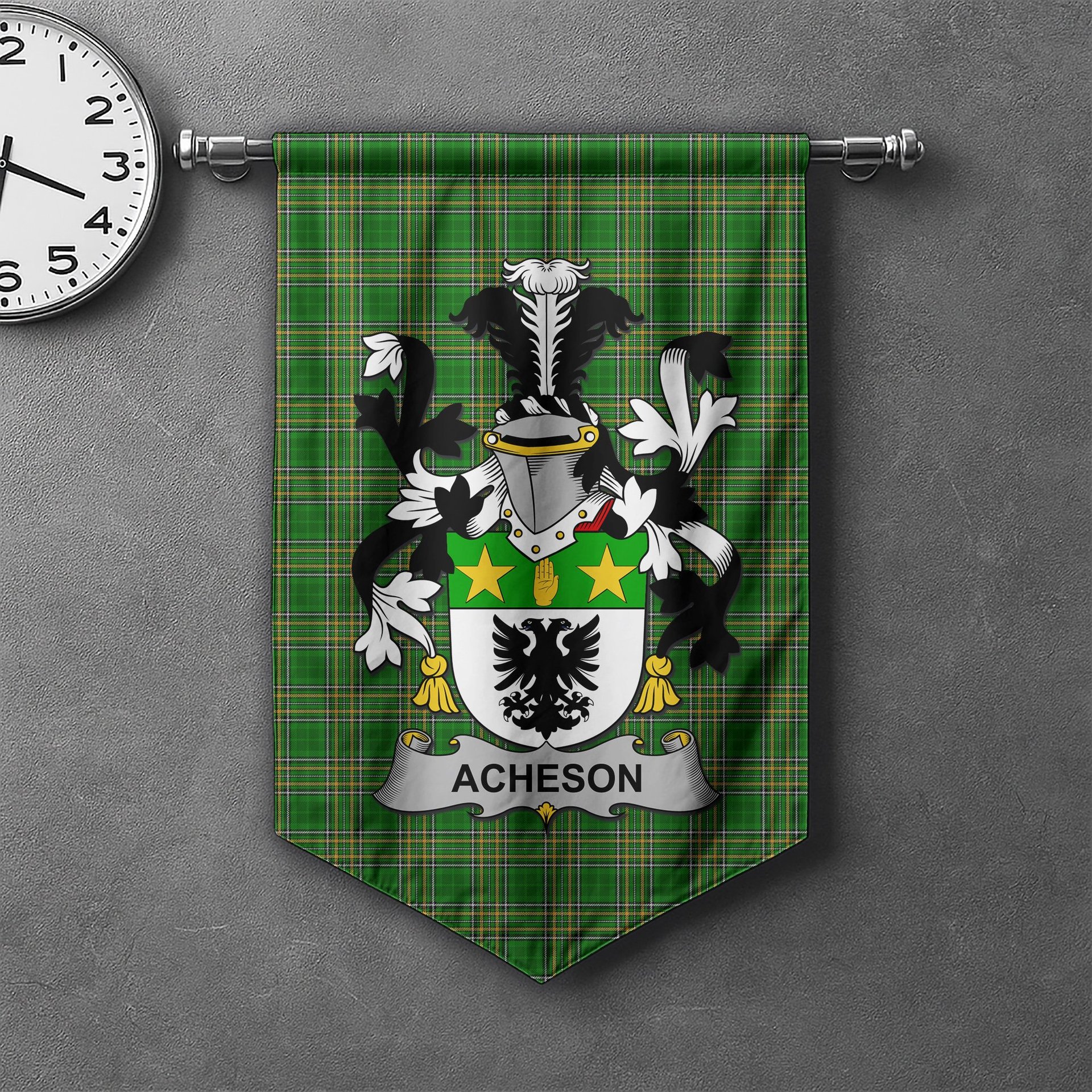 ScotsTee Shop Irish Acheson Clan Coat of Arms Irish Tartan Gonfalon Flag