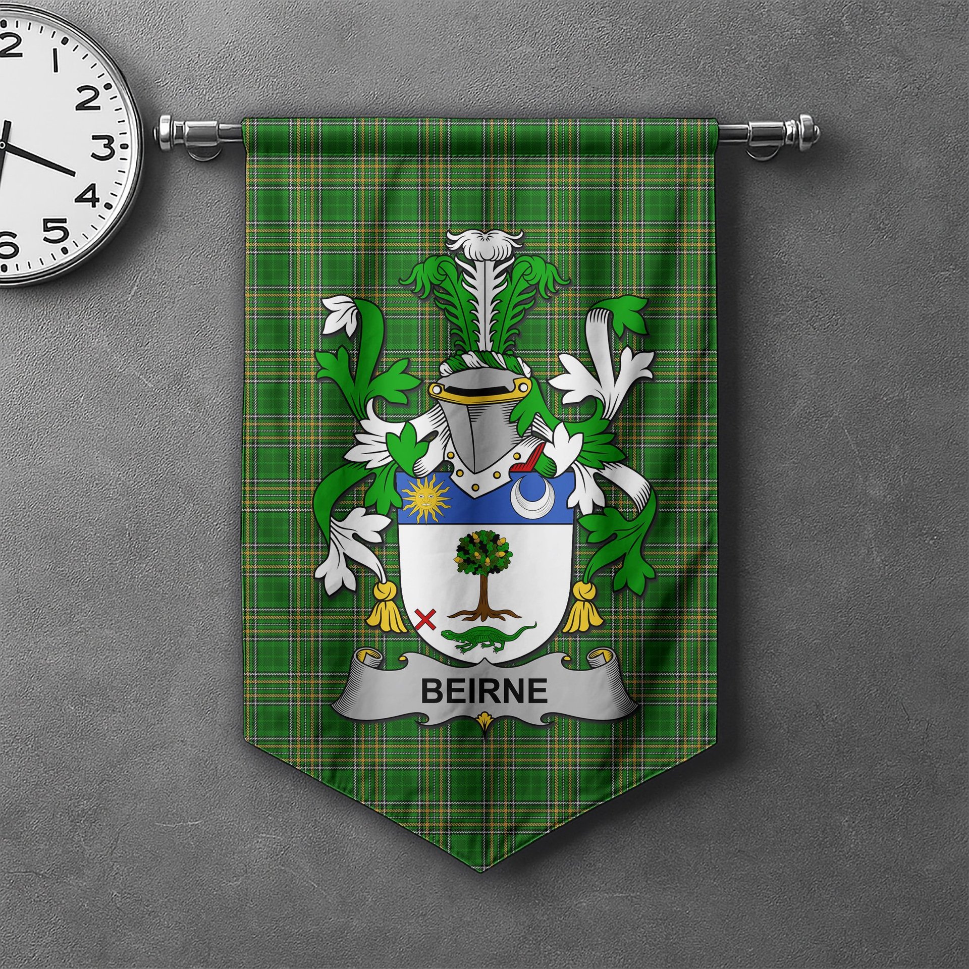 ScotsTee Shop Irish Beirne or O'Beirne Clan Coat of Arms Irish Tartan Gonfalon Flag