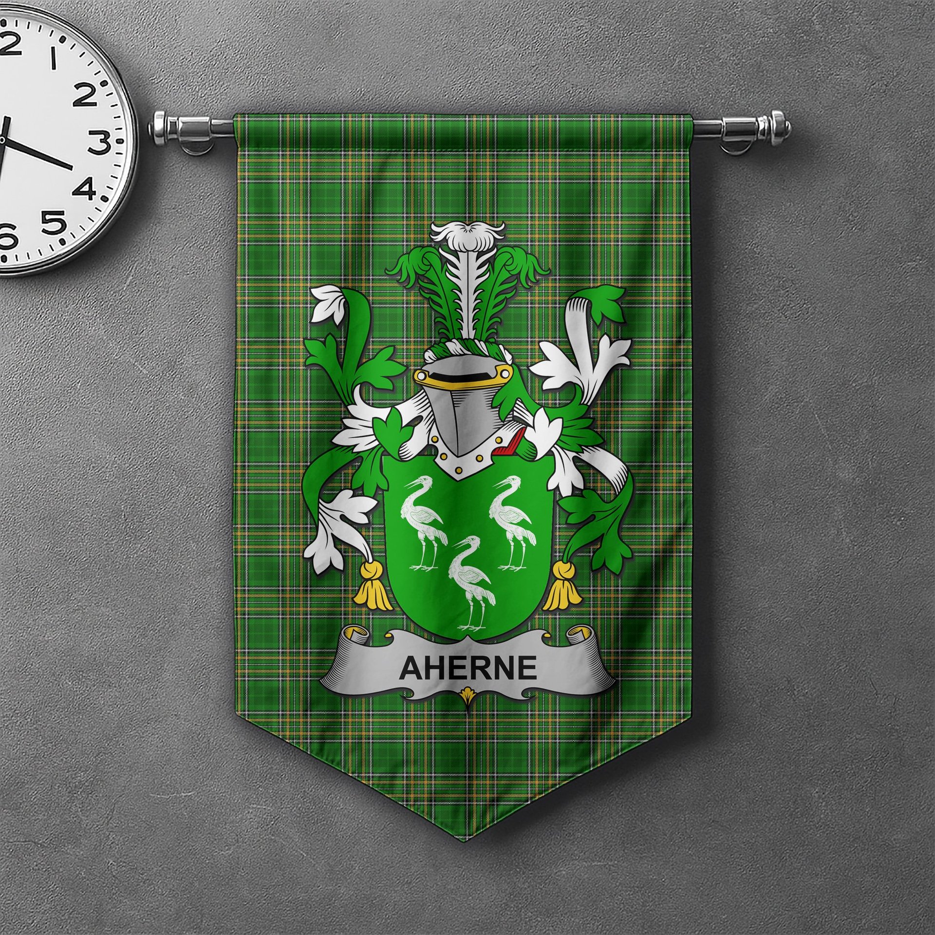 ScotsTee Shop Irish Aherne or Mulhern Clan Coat of Arms Irish Tartan Gonfalon Flag