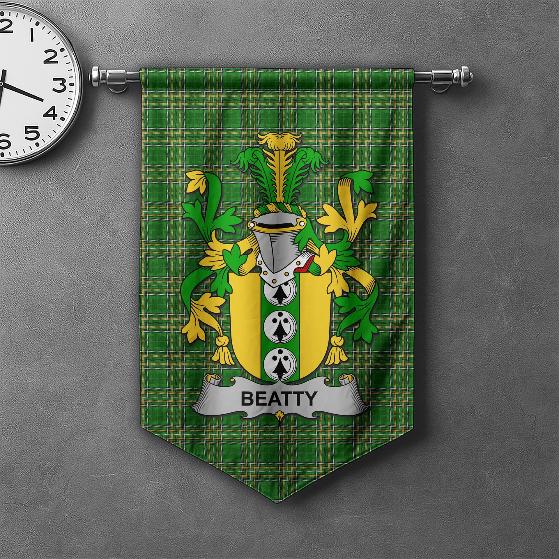 ScotsTee Shop Irish Beatty or Betagh Clan Coat of Arms Irish Tartan Gonfalon Flag