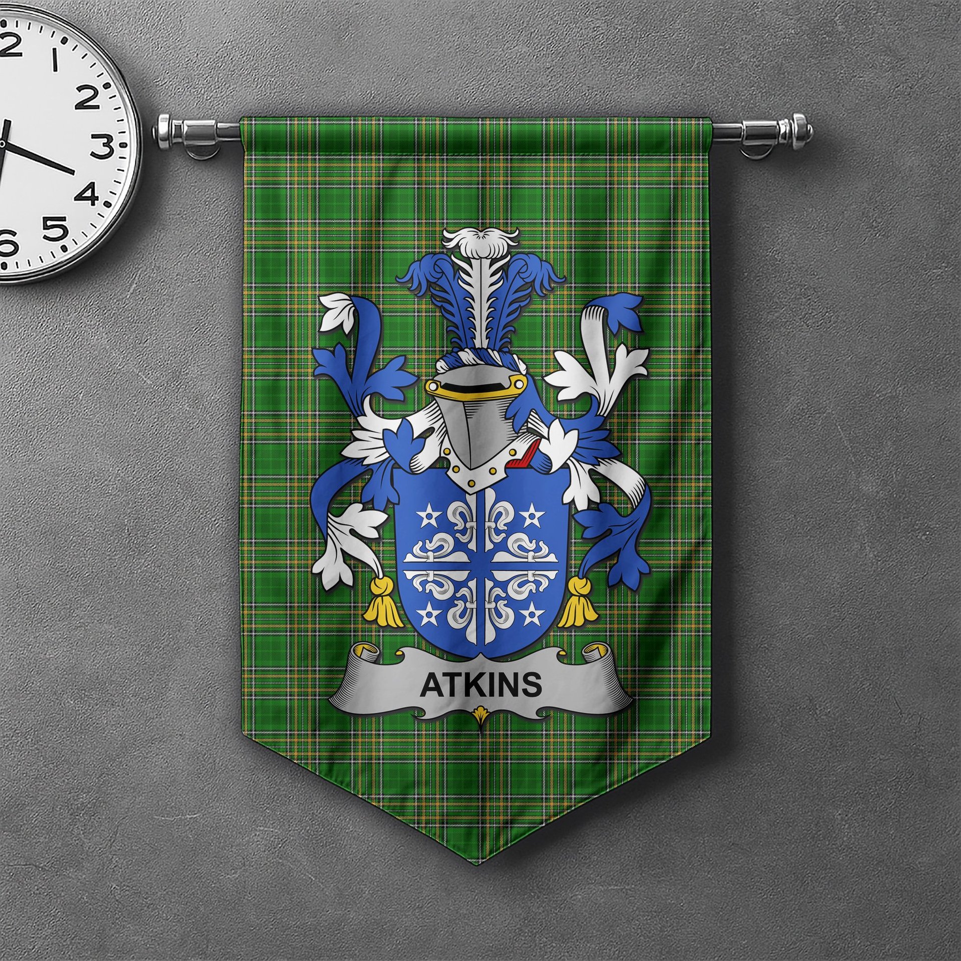ScotsTee Shop Irish Atkins Clan Coat of Arms Irish Tartan Gonfalon Flag