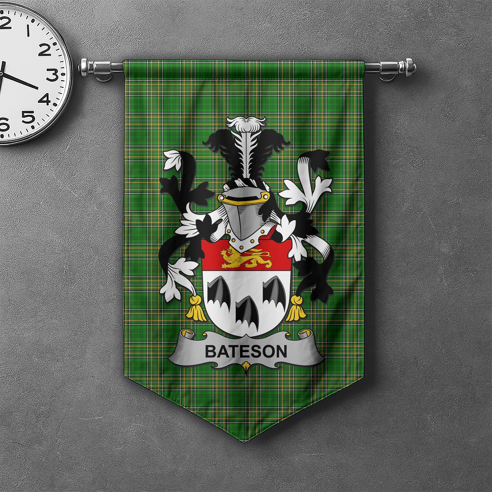 ScotsTee Shop Irish Bateson Clan Coat of Arms Irish Tartan Gonfalon Flag