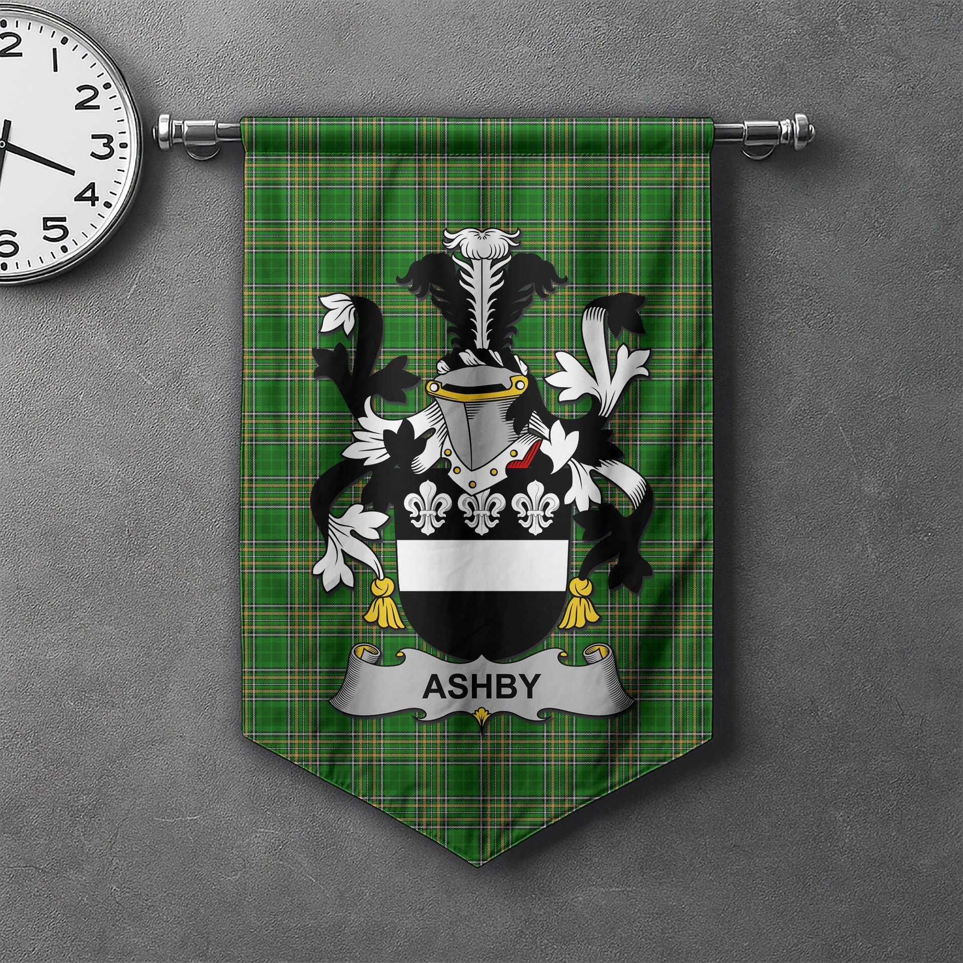 ScotsTee Shop Irish Ashby Clan Coat of Arms Irish Tartan Gonfalon Flag