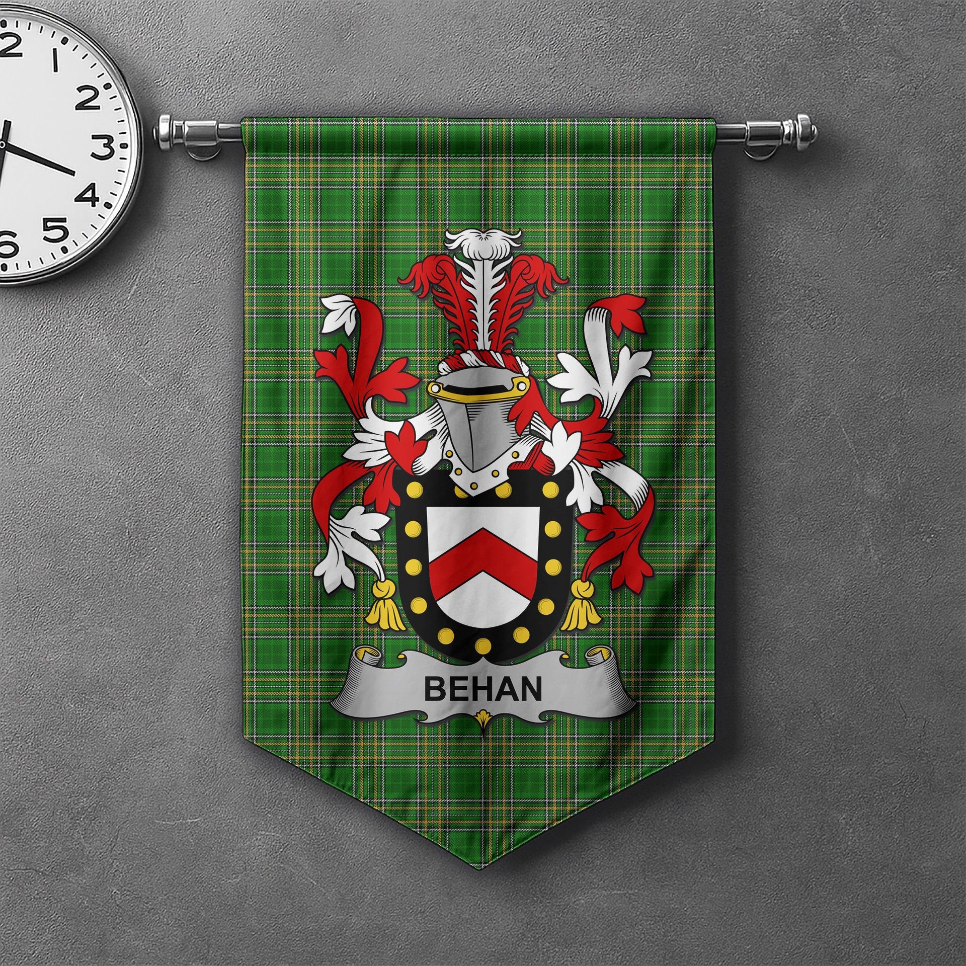 ScotsTee Shop Irish Behan Clan Coat of Arms Irish Tartan Gonfalon Flag