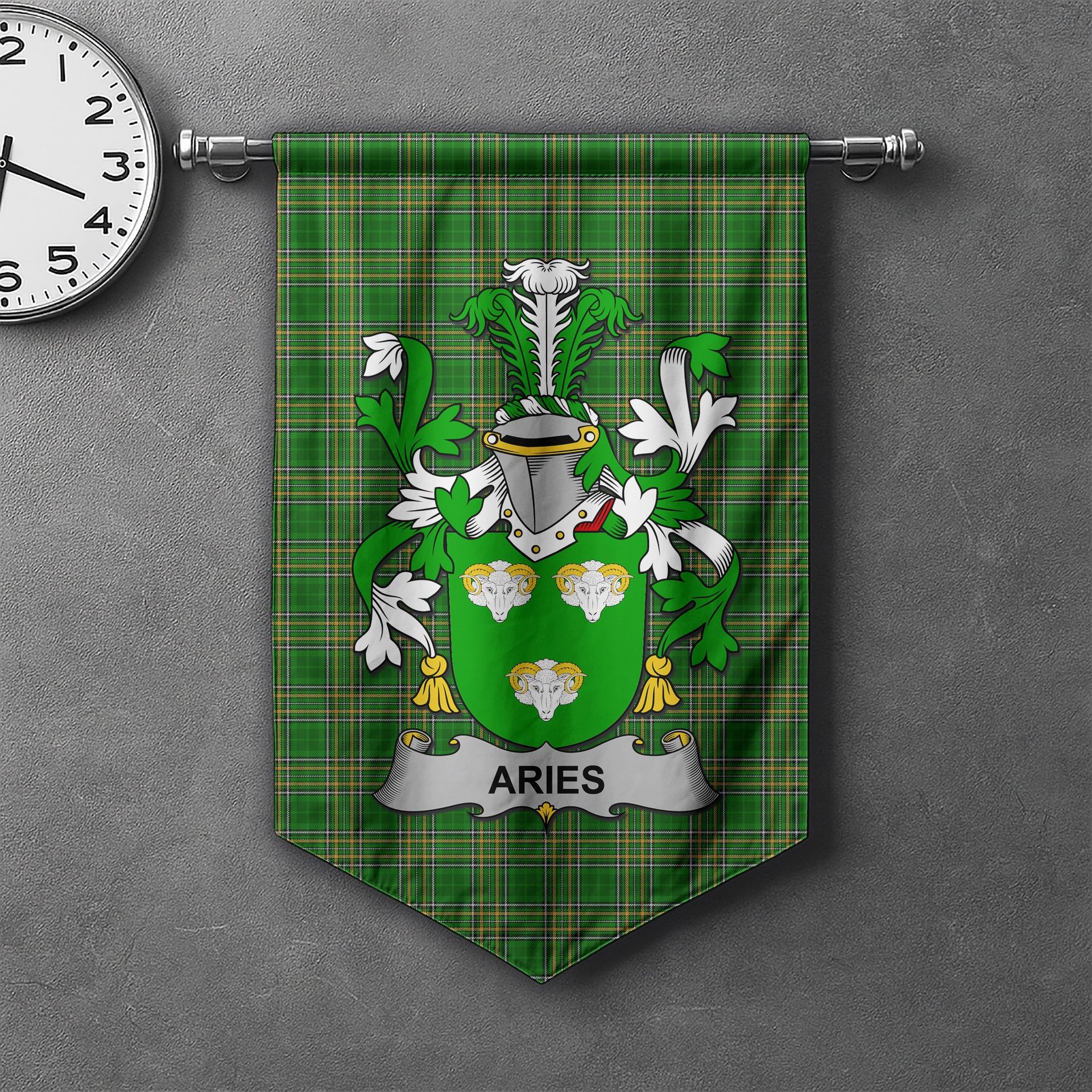 ScotsTee Shop Irish Aries Clan Coat of Arms Irish Tartan Gonfalon Flag