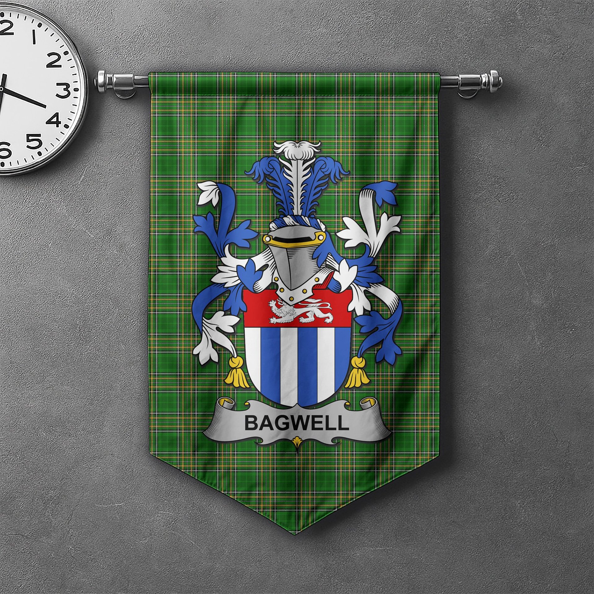 ScotsTee Shop Irish Bagwell Clan Coat of Arms Irish Tartan Gonfalon Flag