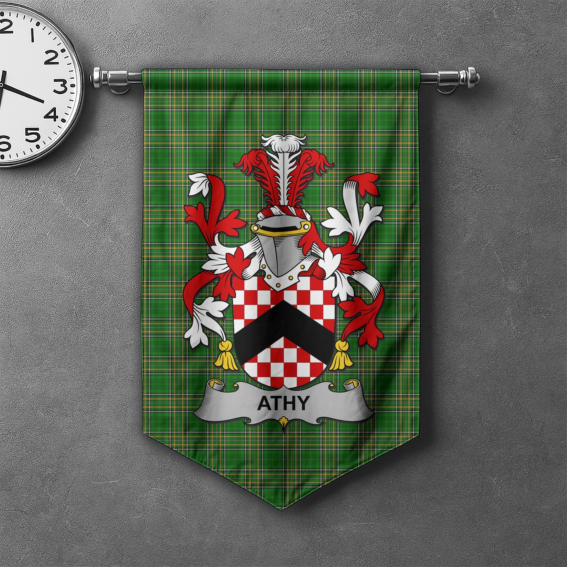 ScotsTee Shop Irish Athy Clan Coat of Arms Irish Tartan Gonfalon Flag
