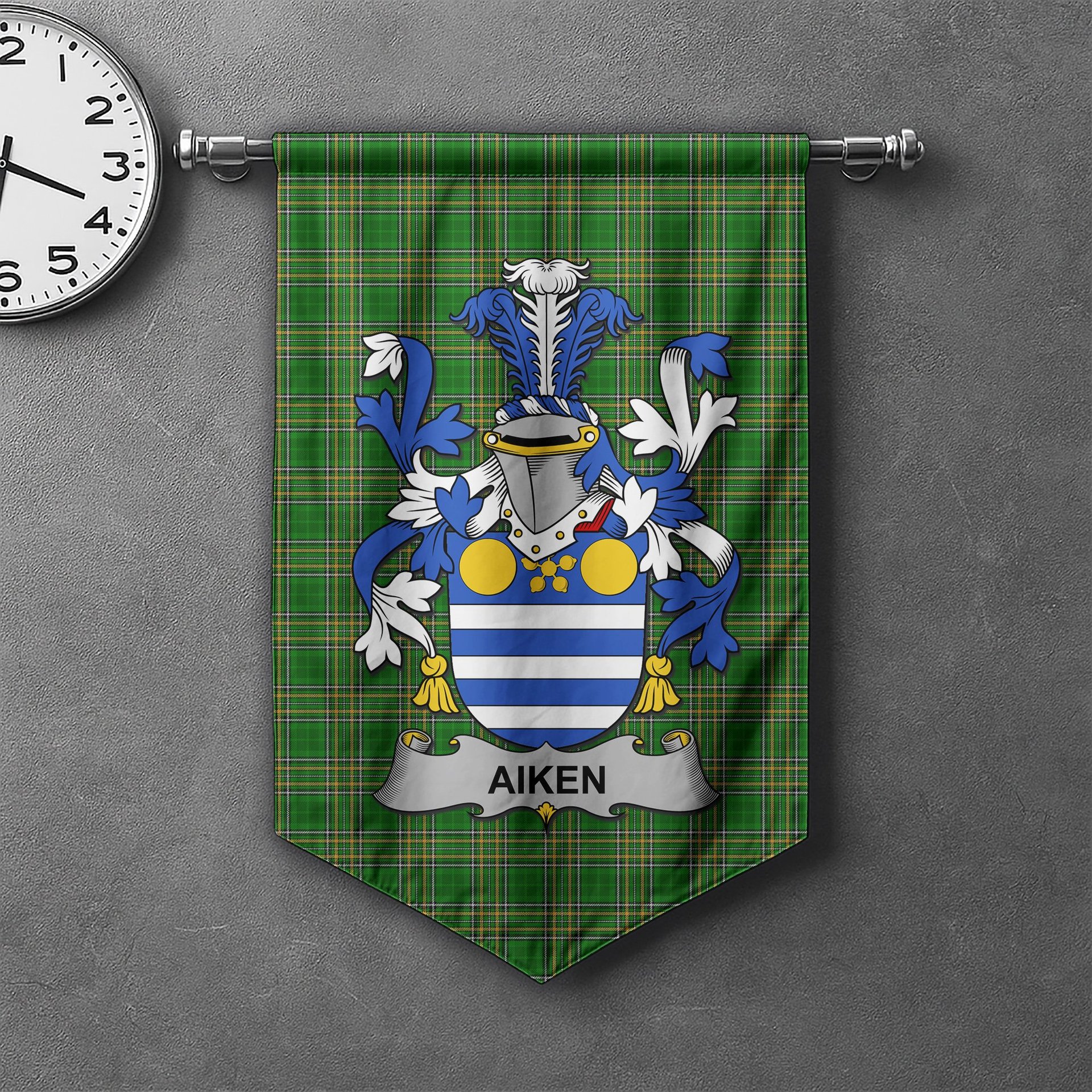 ScotsTee Shop Irish Aiken Clan Coat of Arms Irish Tartan Gonfalon Flag