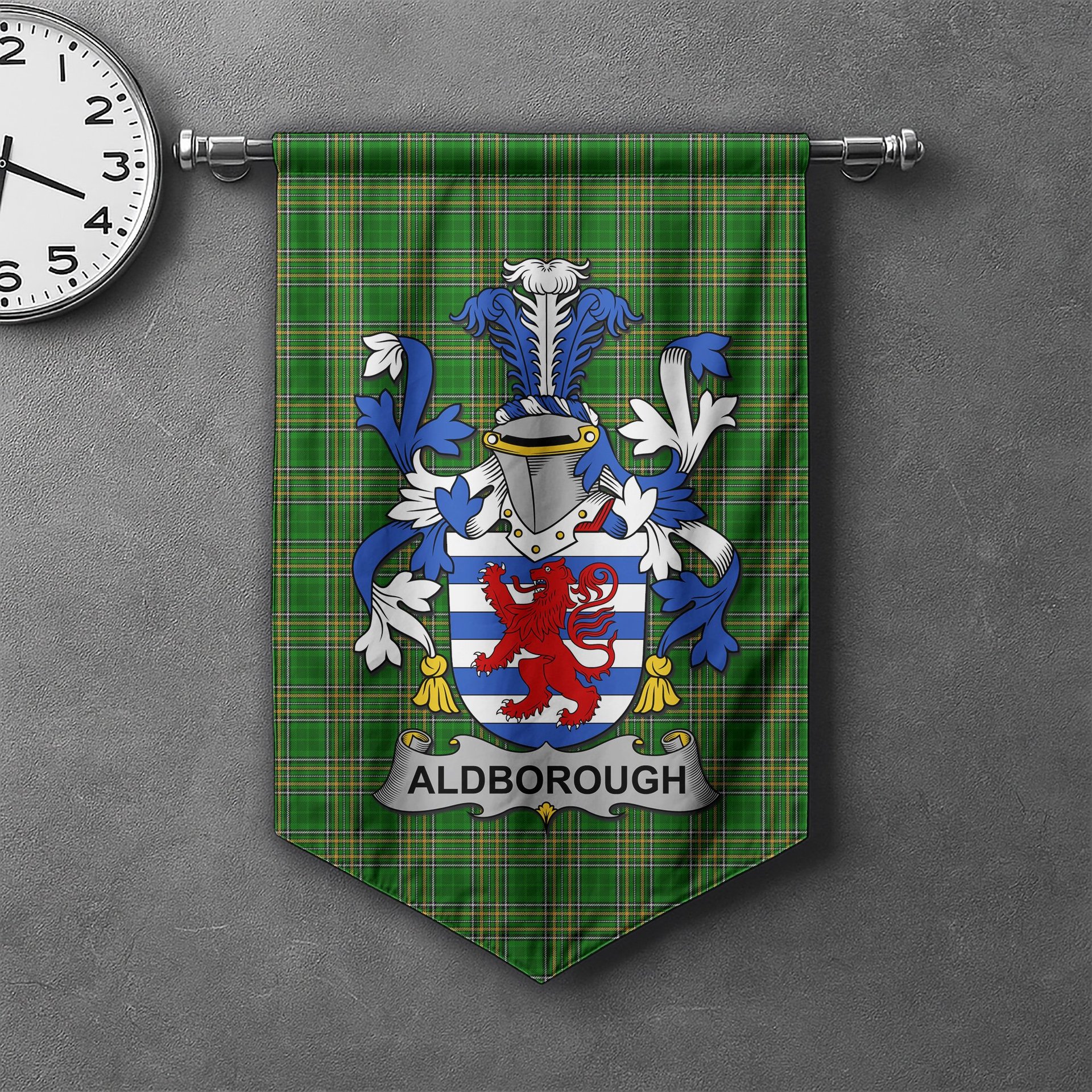 ScotsTee Shop Irish Aldborough Clan Coat of Arms Irish Tartan Gonfalon Flag