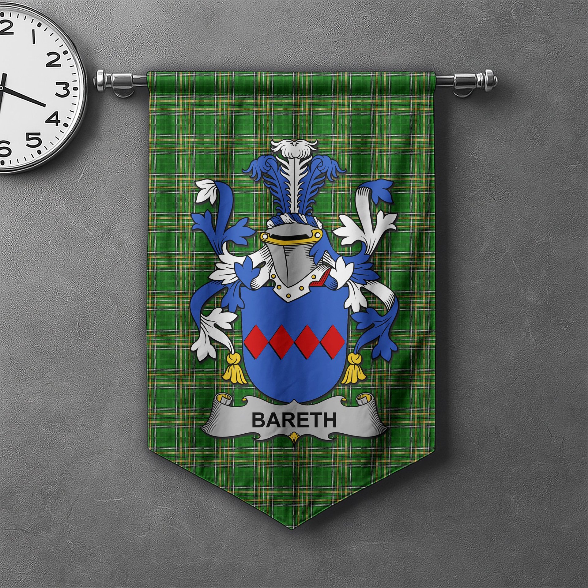 ScotsTee Shop Irish Bareth Clan Coat of Arms Irish Tartan Gonfalon Flag