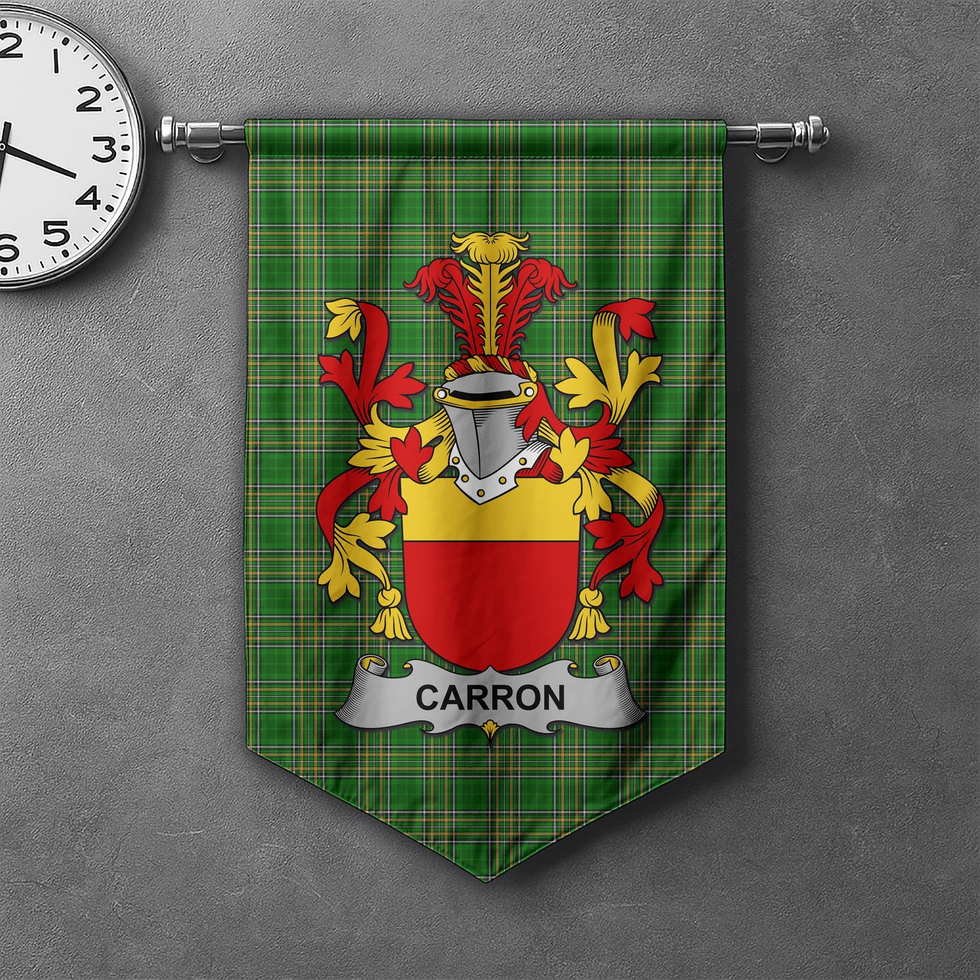 ScotsTee Shop Irish Carron Clan Coat of Arms Irish Tartan Gonfalon Flag