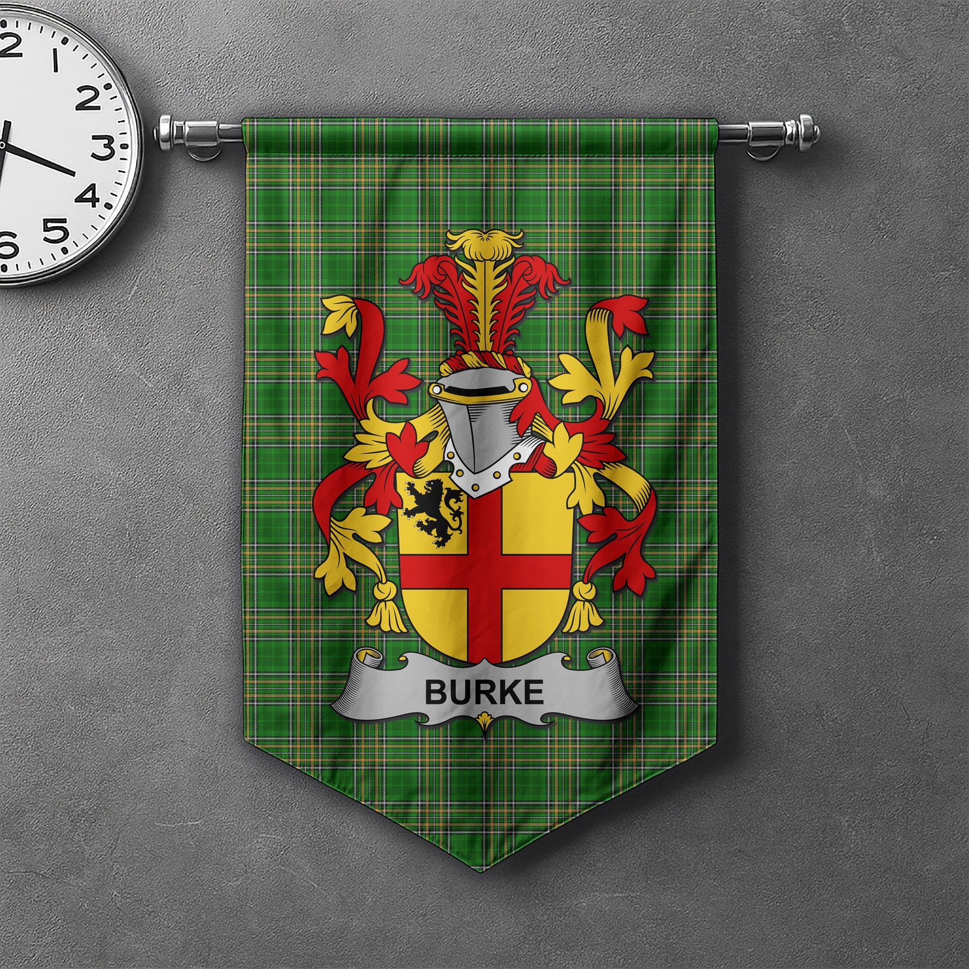 ScotsTee Shop Irish Burke Clan Coat of Arms Irish Tartan Gonfalon Flag