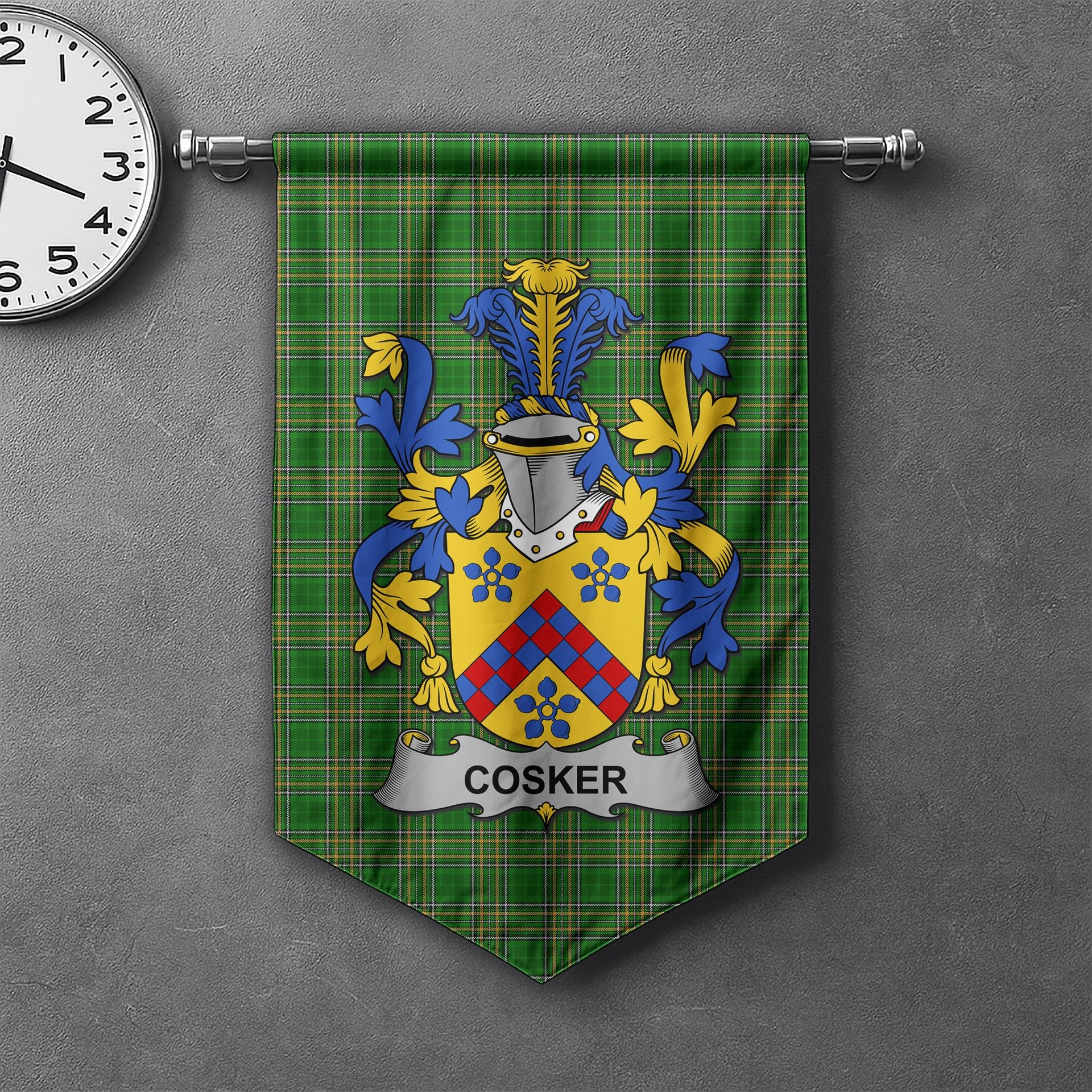 ScotsTee Shop Irish Cosker or McCosker Clan Coat of Arms Irish Tartan Gonfalon Flag