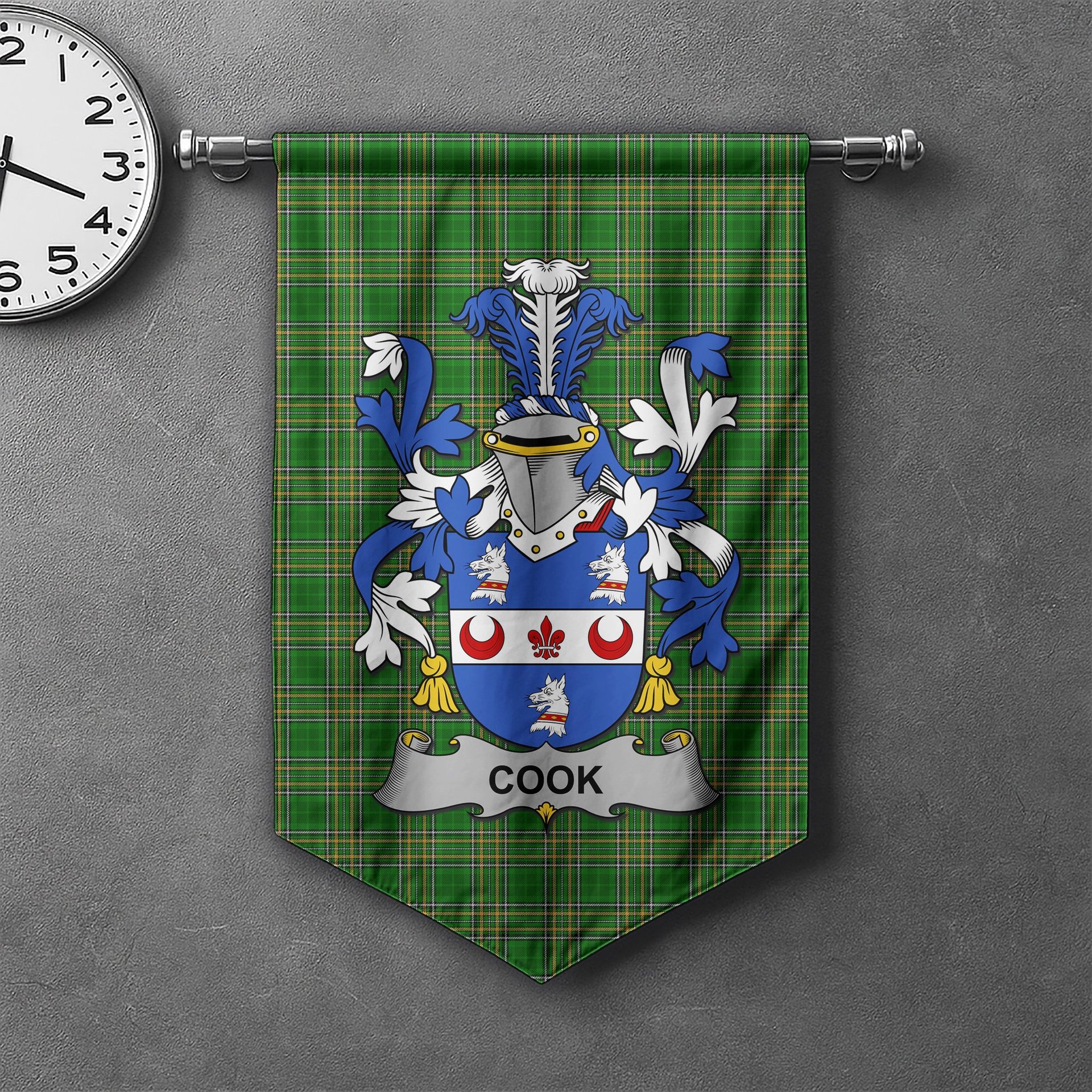 ScotsTee Shop Irish Cook Clan Coat of Arms Irish Tartan Gonfalon Flag