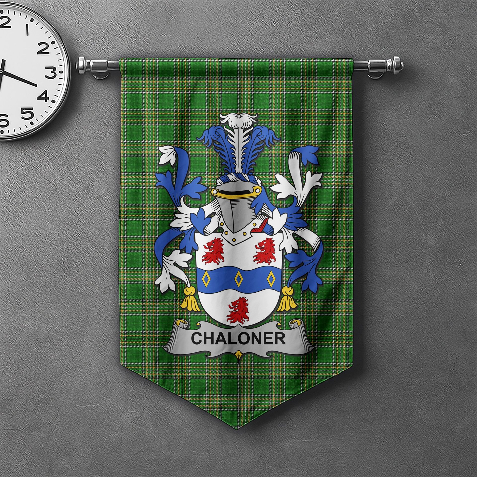 ScotsTee Shop Irish Chaloner Clan Coat of Arms Irish Tartan Gonfalon Flag