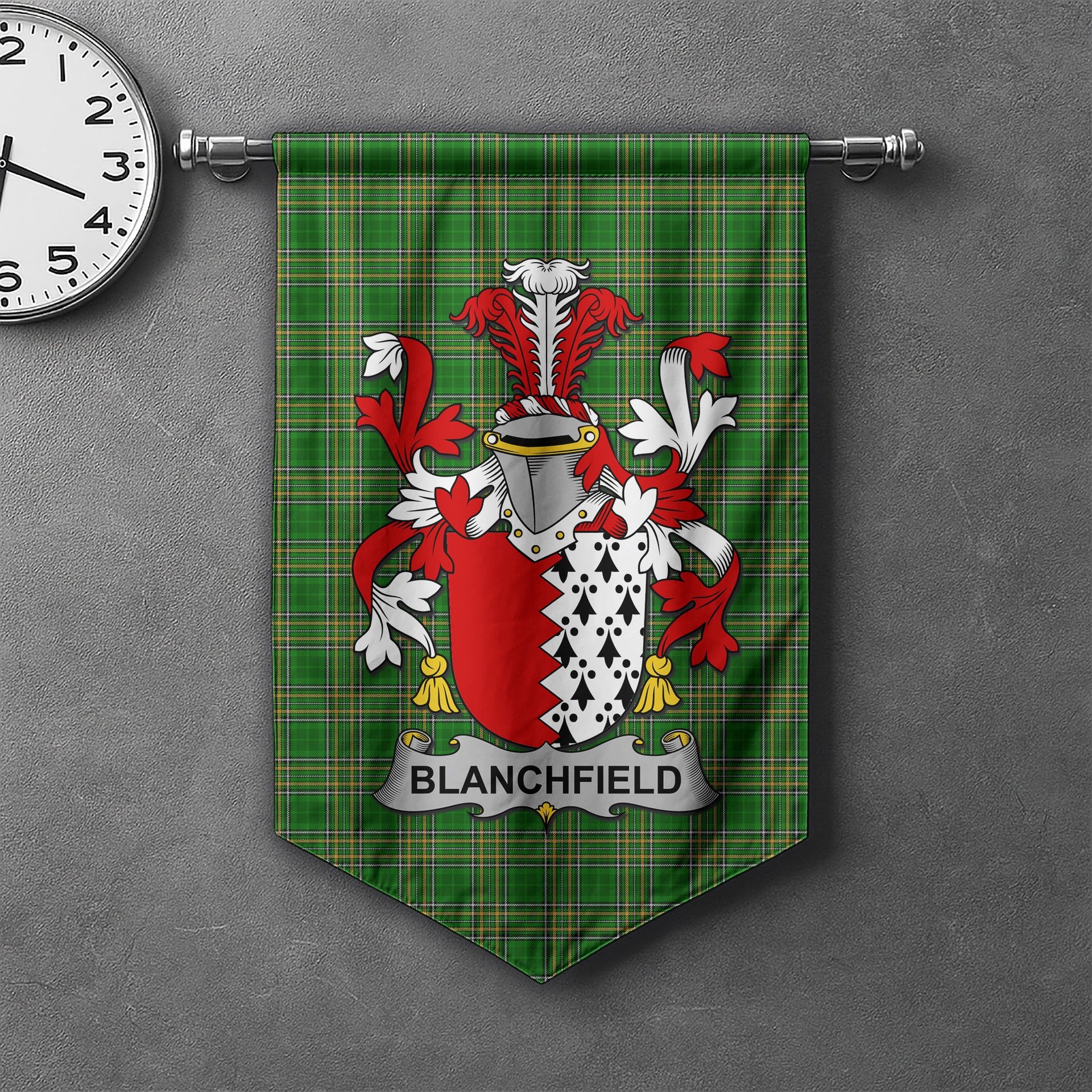 ScotsTee Shop Irish Blanchfield Clan Coat of Arms Irish Tartan Gonfalon Flag