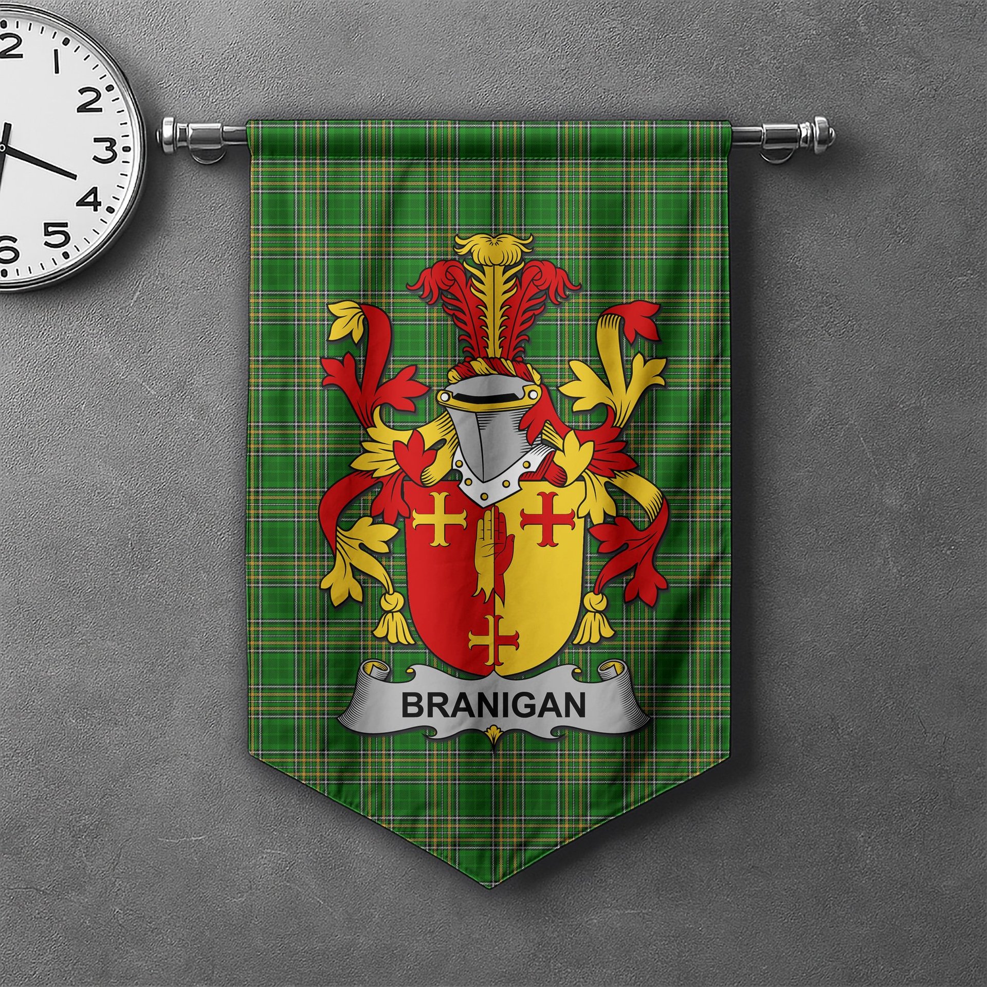 ScotsTee Shop Irish Branigan or O'Branagan Clan Coat of Arms Irish Tartan Gonfalon Flag