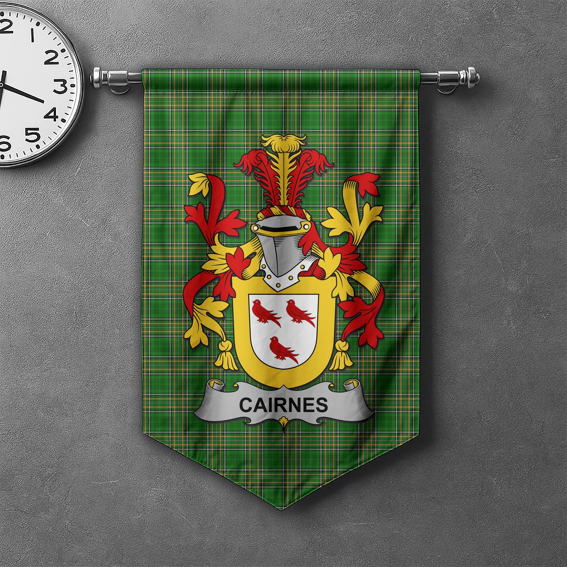 ScotsTee Shop Irish Cairnes Clan Coat of Arms Irish Tartan Gonfalon Flag