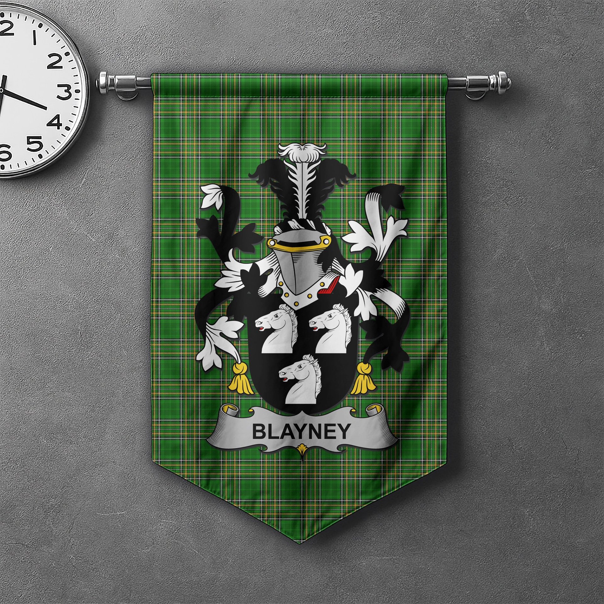 ScotsTee Shop Irish Blayney Clan Coat of Arms Irish Tartan Gonfalon Flag
