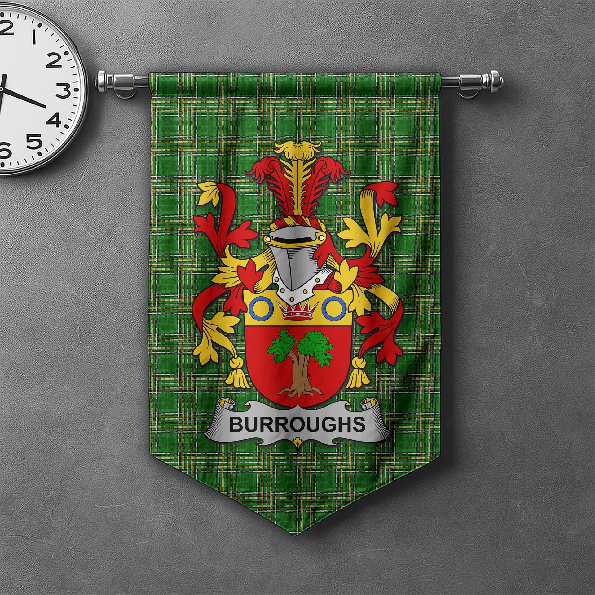 ScotsTee Shop Irish Burroughs Clan Coat of Arms Irish Tartan Gonfalon Flag