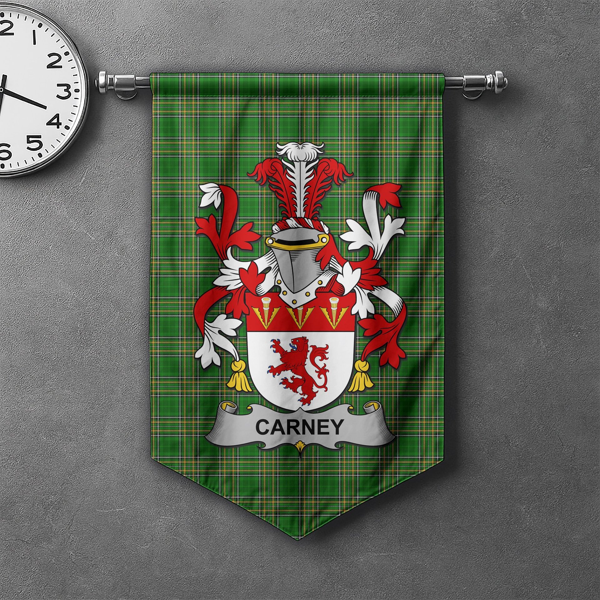 ScotsTee Shop Irish Carney Clan Coat of Arms Irish Tartan Gonfalon Flag