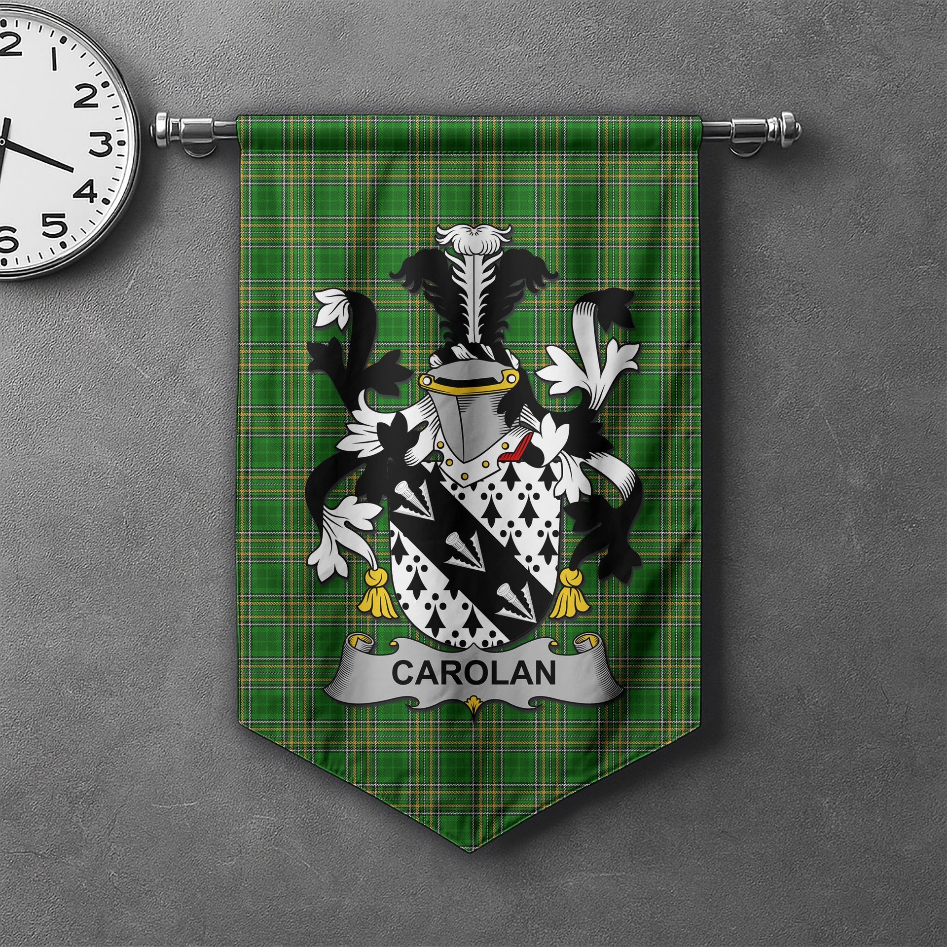 ScotsTee Shop Irish Carolan Clan Coat of Arms Irish Tartan Gonfalon Flag