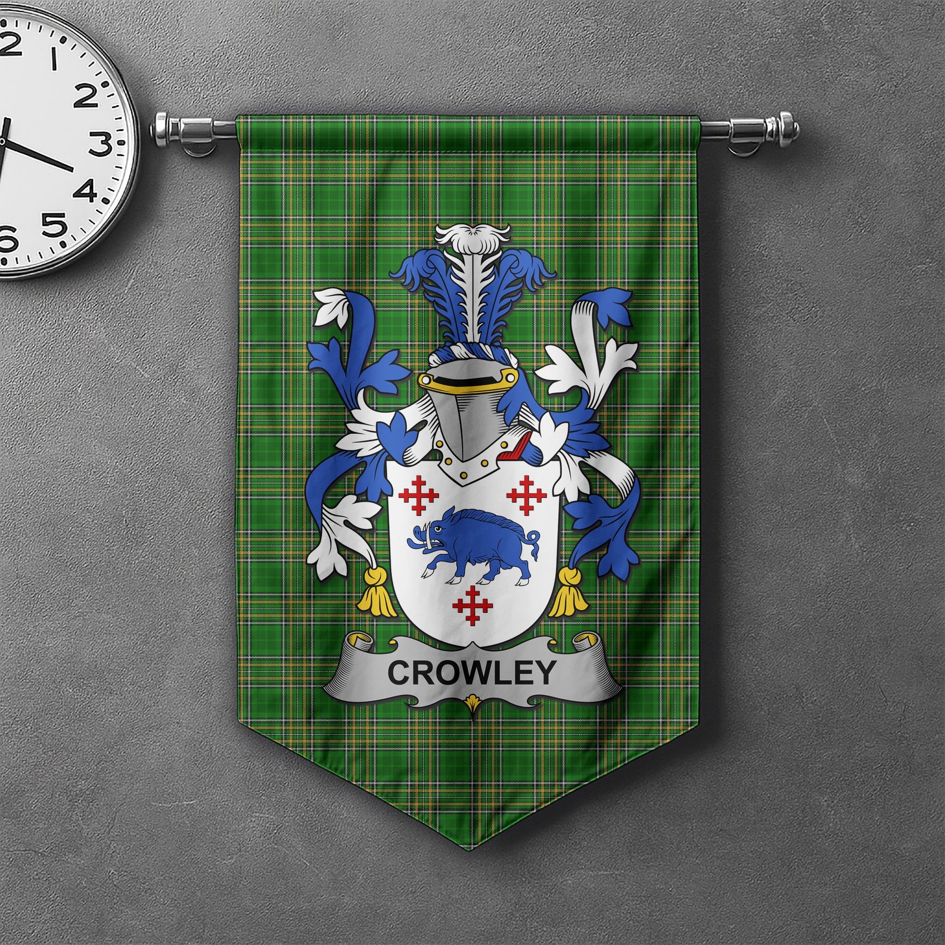 ScotsTee Shop Irish Crowley or O'Crouley Clan Coat of Arms Irish Tartan Gonfalon Flag
