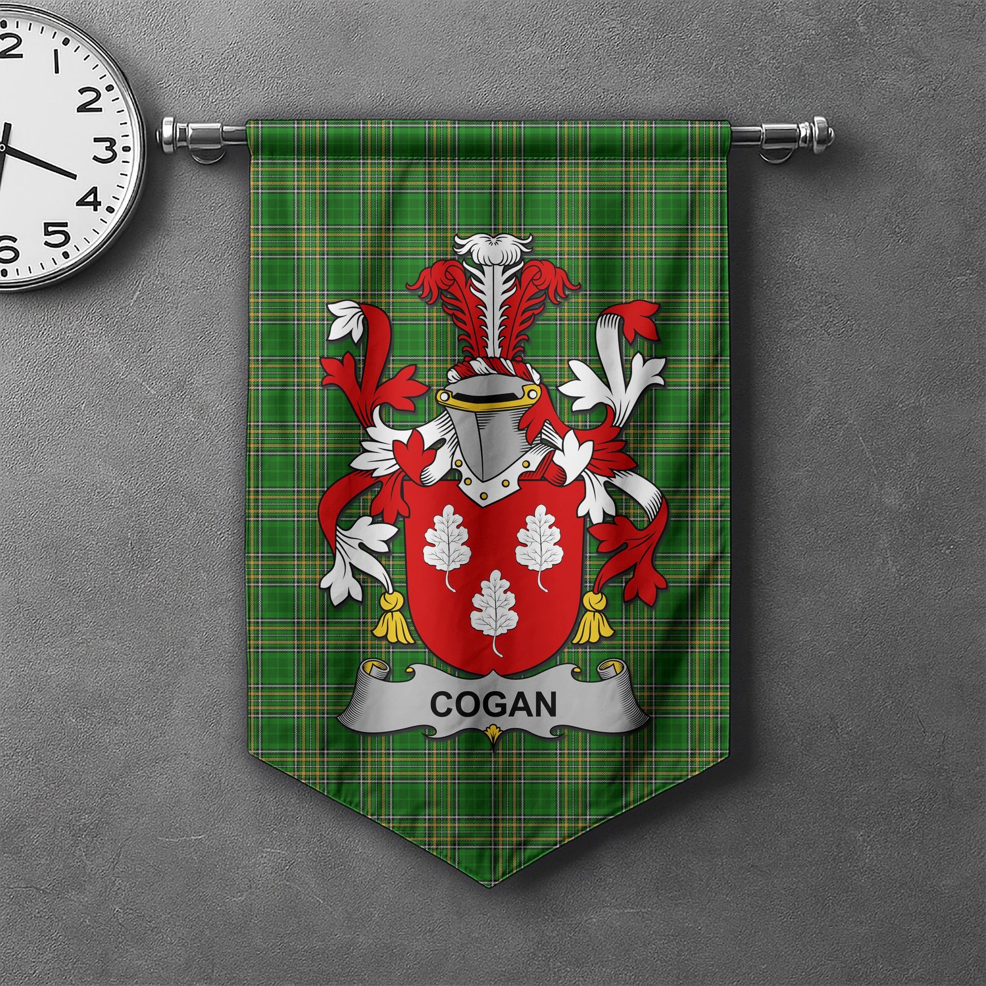 ScotsTee Shop Irish Cogan or O'Cogan Clan Coat of Arms Irish Tartan Gonfalon Flag