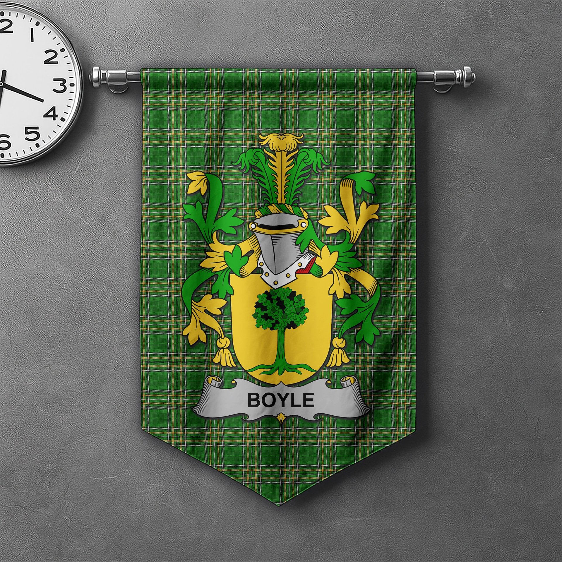 ScotsTee Shop Irish Boyle or O'Boyle Clan Coat of Arms Irish Tartan Gonfalon Flag