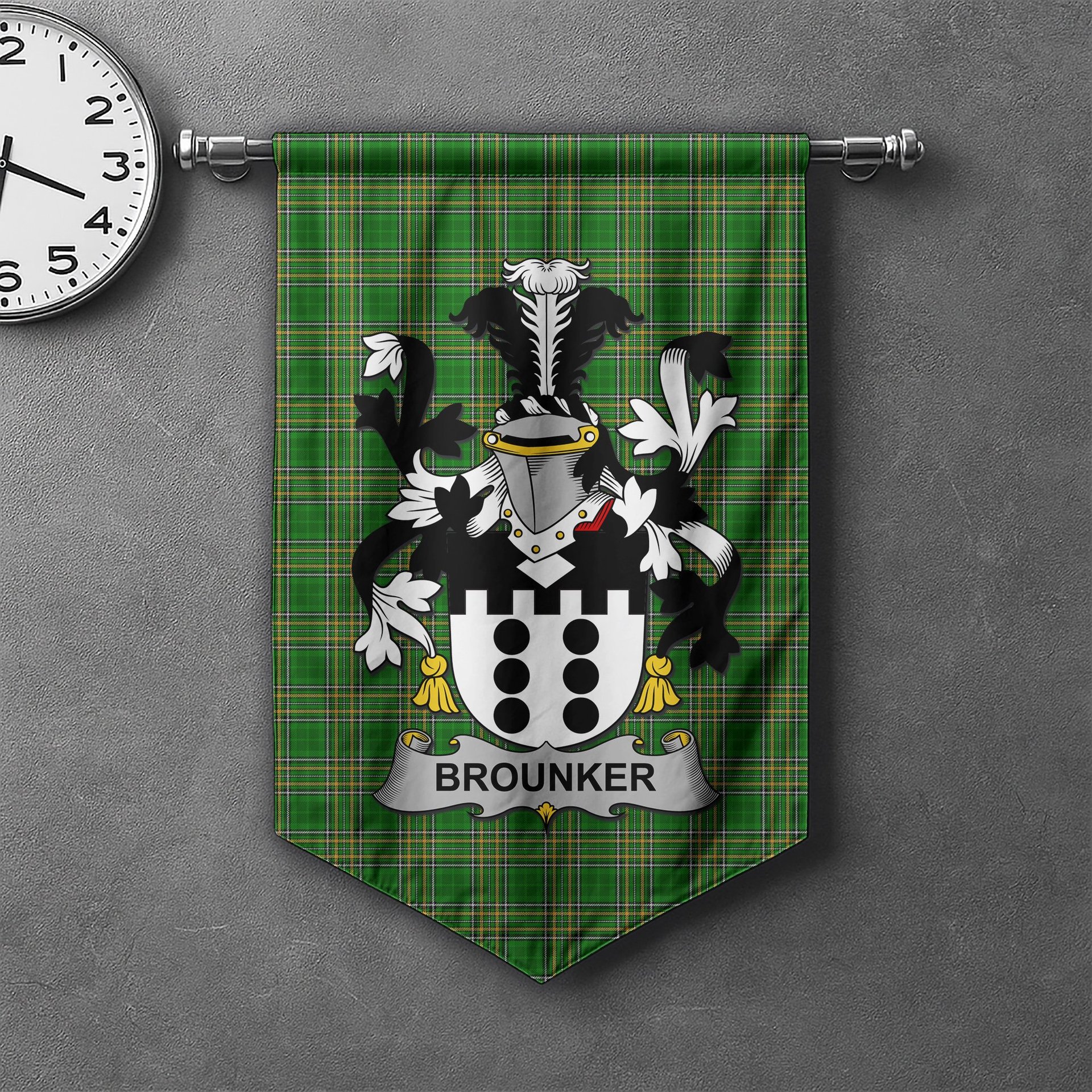 ScotsTee Shop Irish Brounker Clan Coat of Arms Irish Tartan Gonfalon Flag