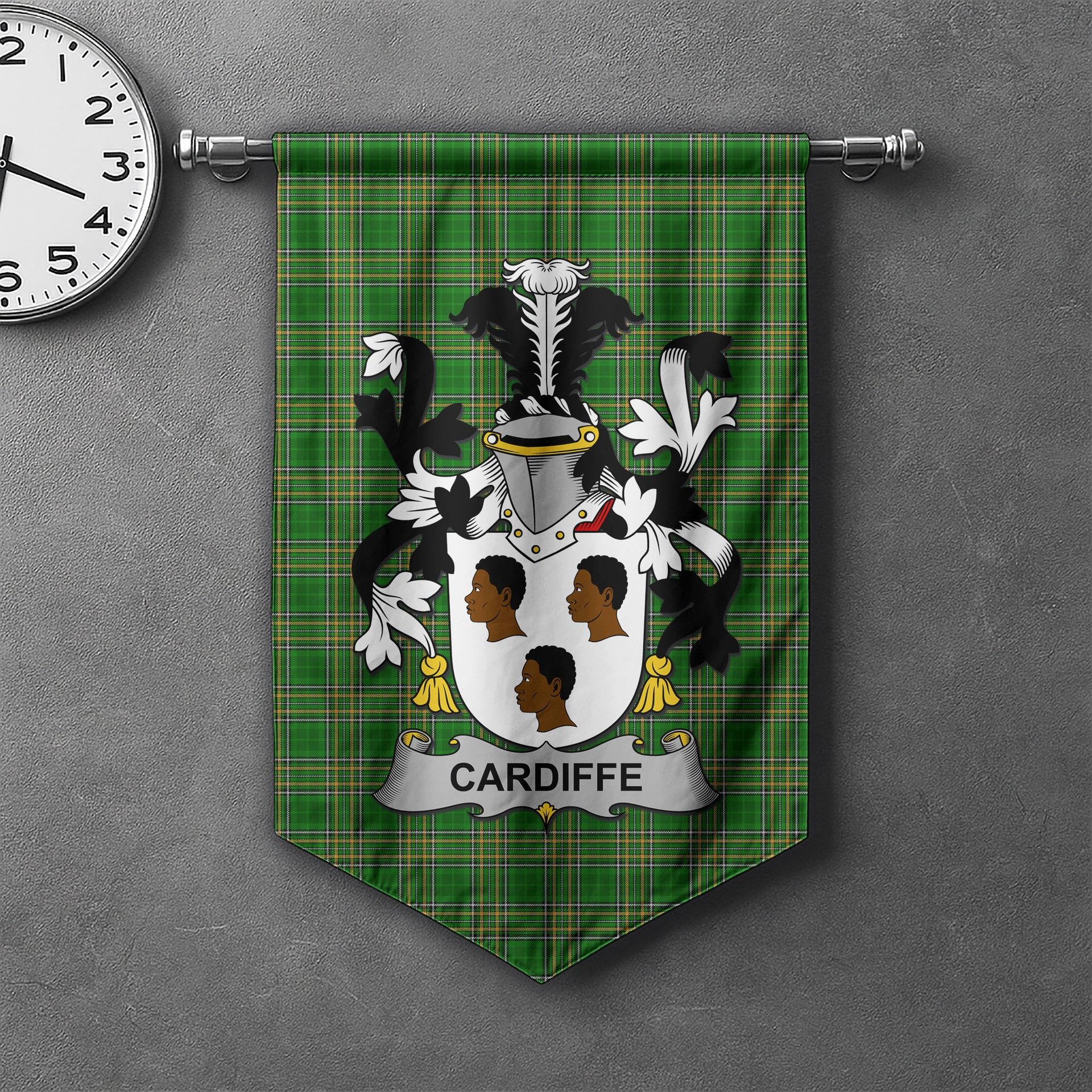 ScotsTee Shop Irish Cardiffe Clan Coat of Arms Irish Tartan Gonfalon Flag