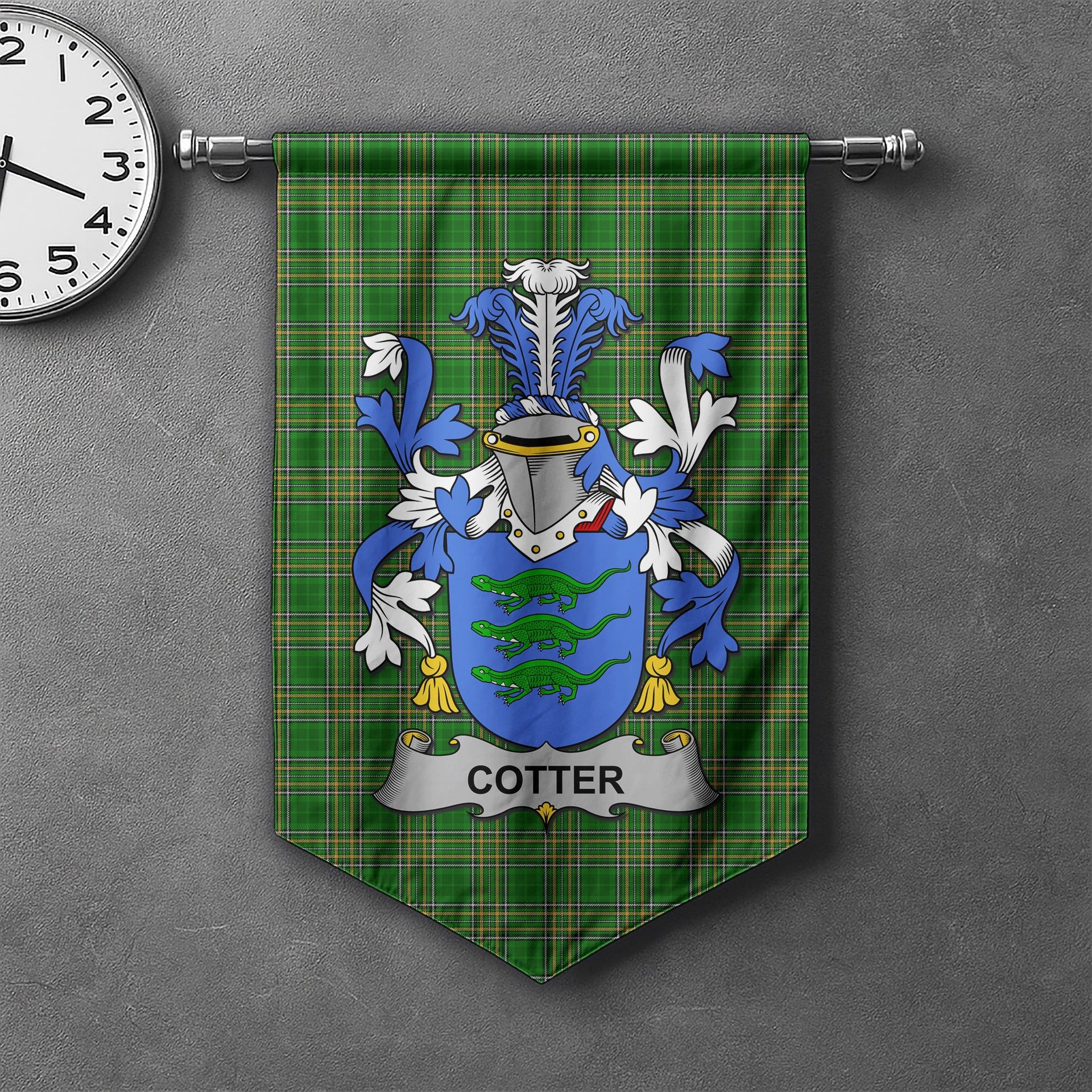 ScotsTee Shop Irish Cotter or MacCotter Clan Coat of Arms Irish Tartan Gonfalon Flag