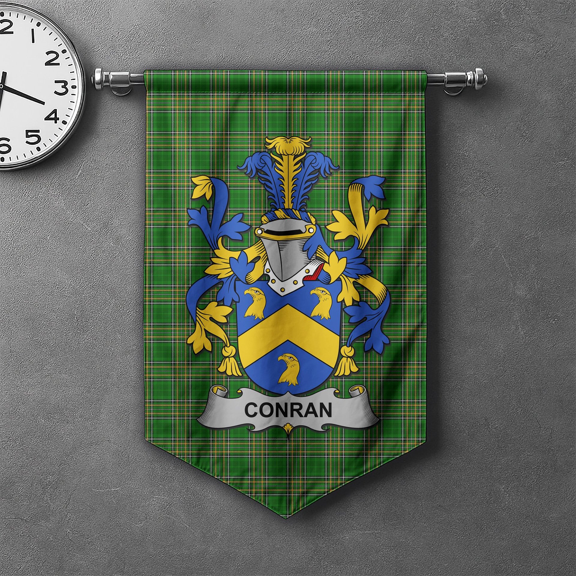 ScotsTee Shop Irish Conran or O'Condron Clan Coat of Arms Irish Tartan Gonfalon Flag