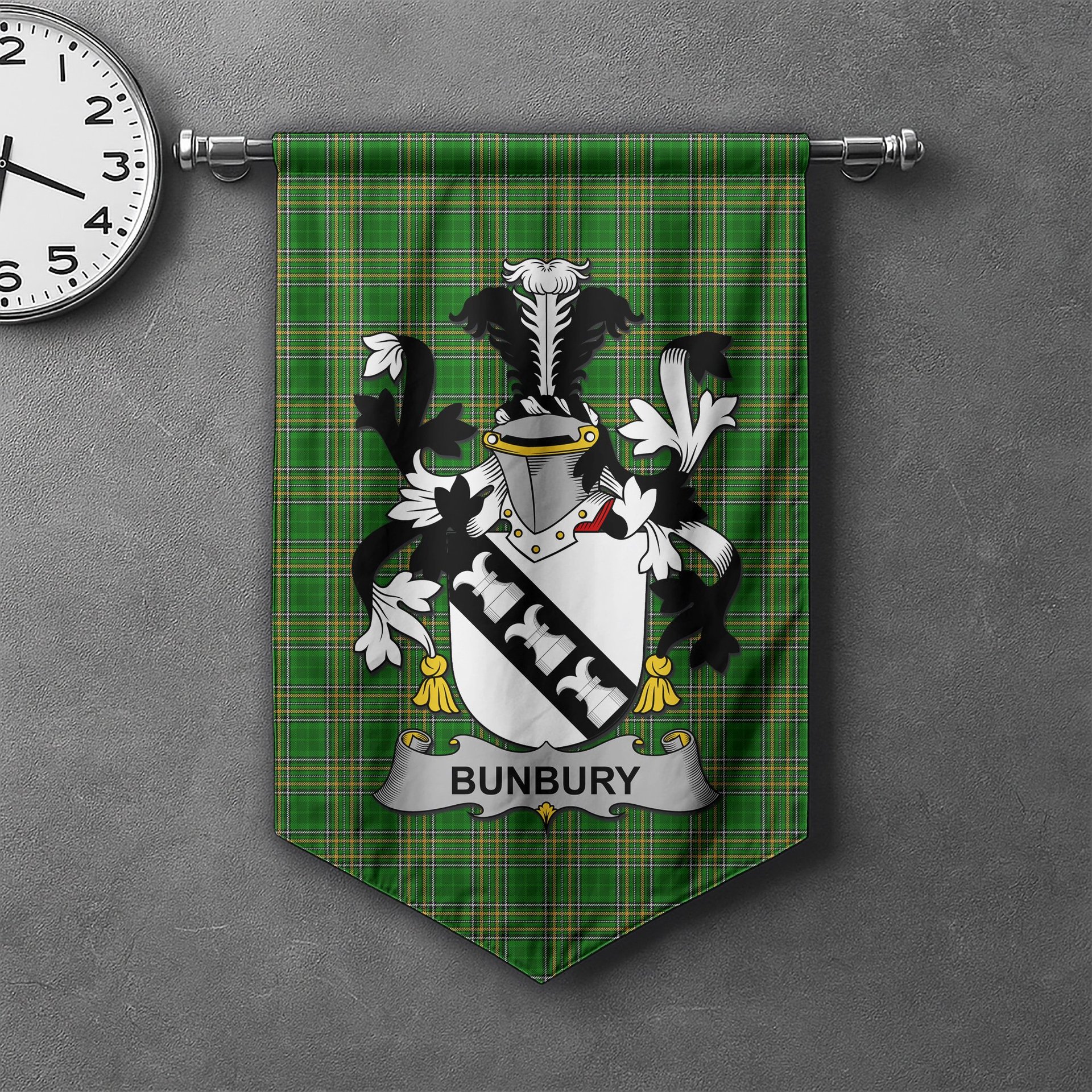 ScotsTee Shop Irish Bunbury Clan Coat of Arms Irish Tartan Gonfalon Flag