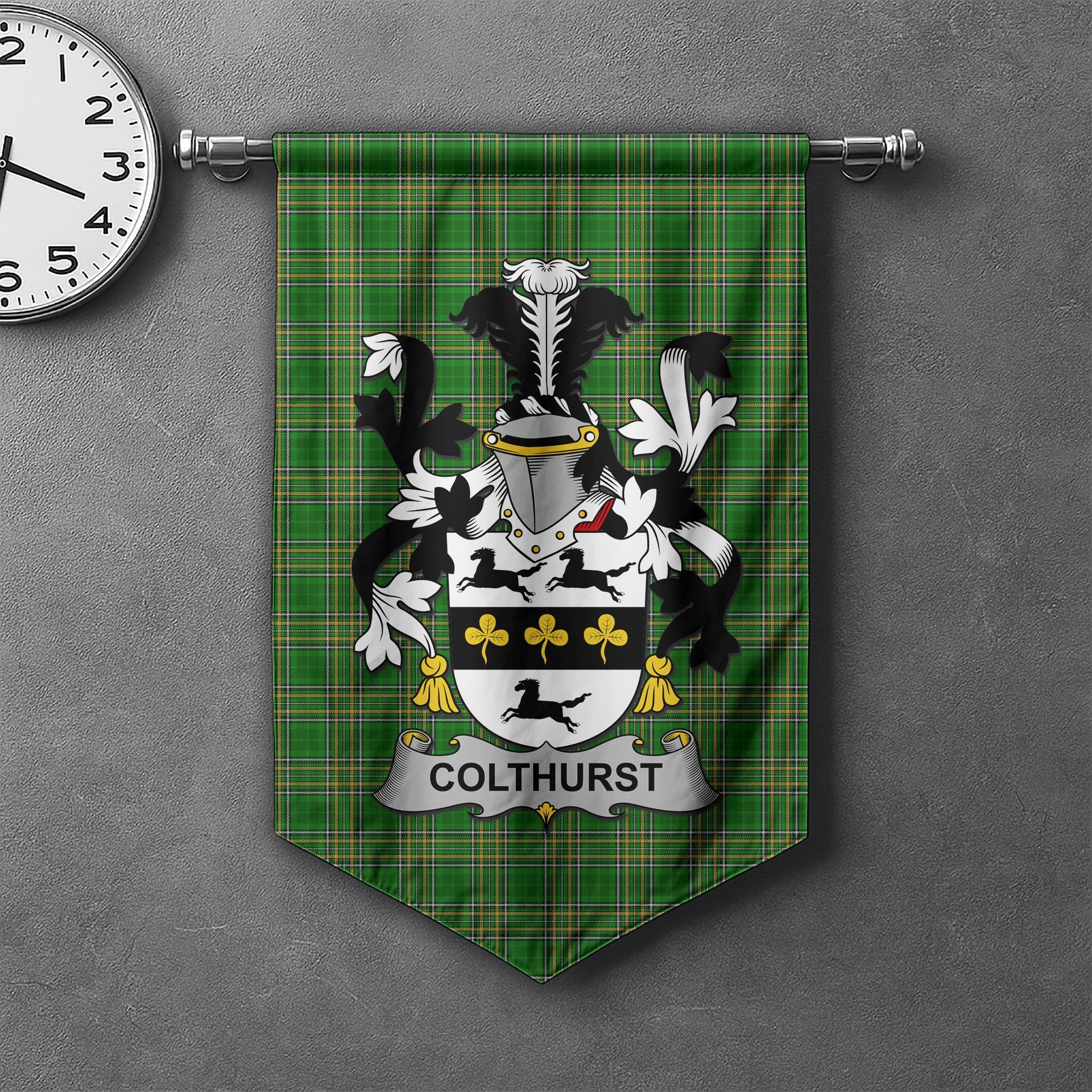 ScotsTee Shop Irish Colthurst Clan Coat of Arms Irish Tartan Gonfalon Flag