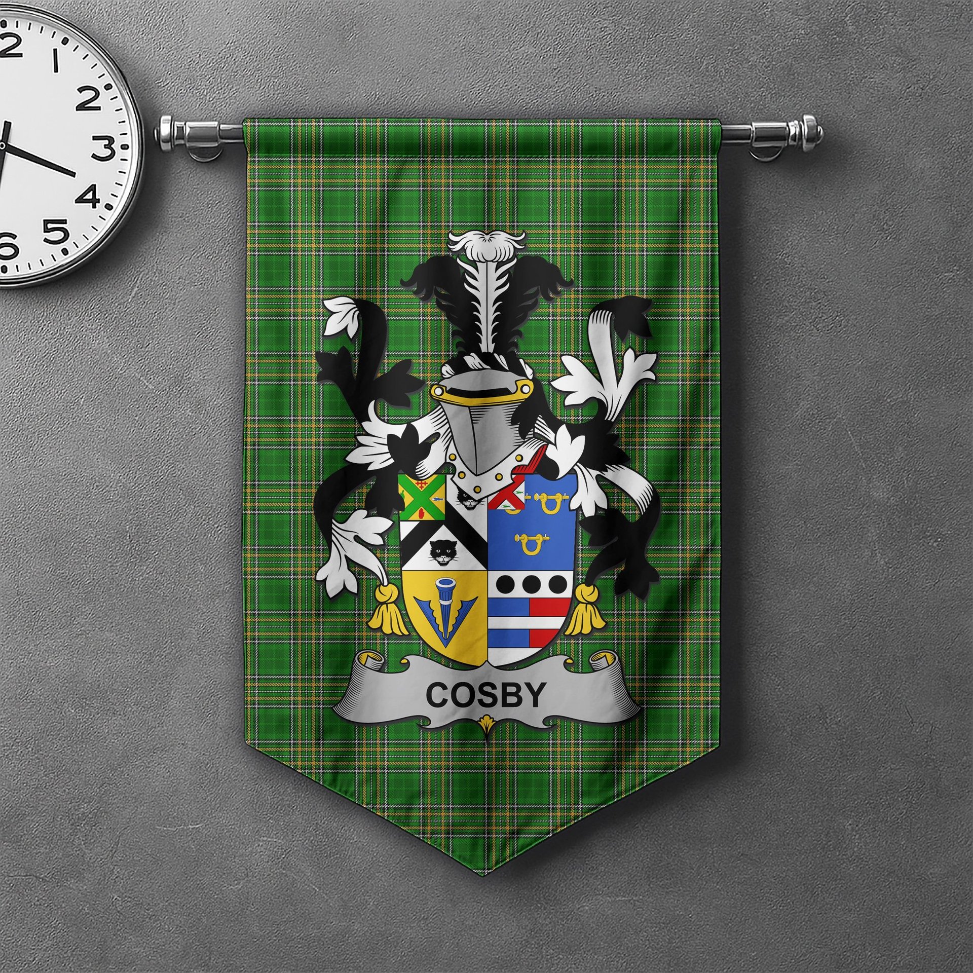 ScotsTee Shop Irish Cosby (Lord Sydney) Clan Coat of Arms Irish Tartan Gonfalon Flag
