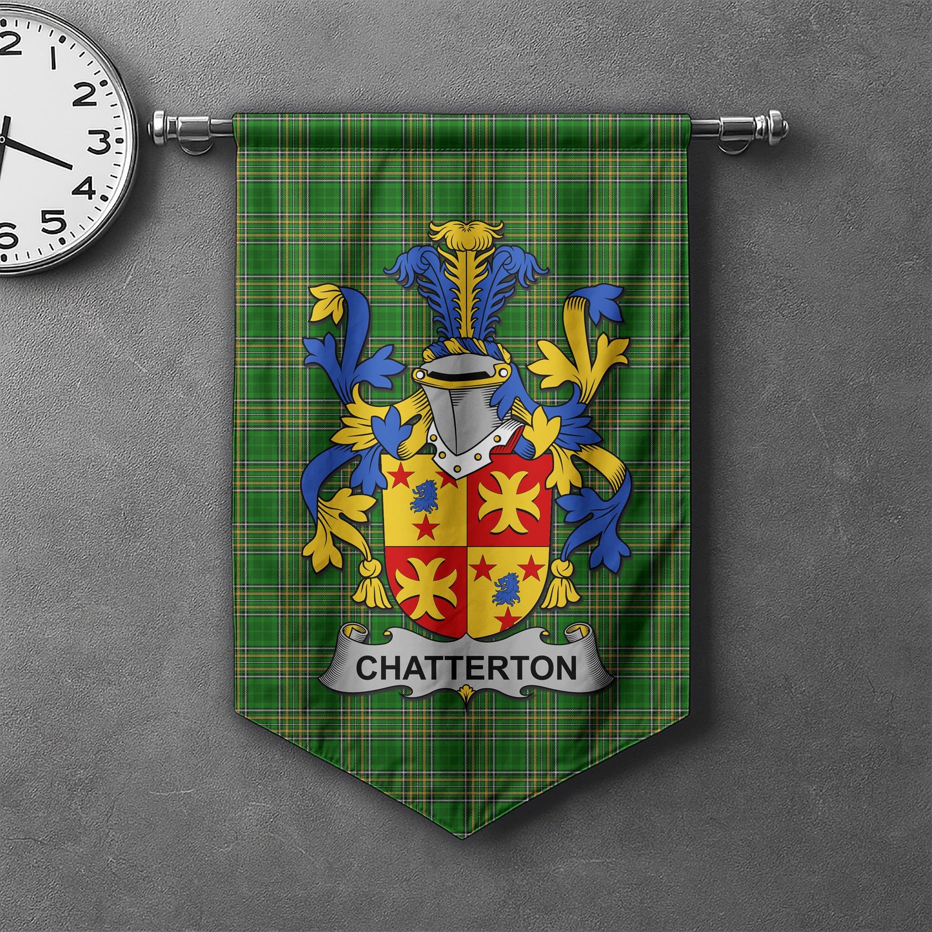 ScotsTee Shop Irish Chatterton Clan Coat of Arms Irish Tartan Gonfalon Flag