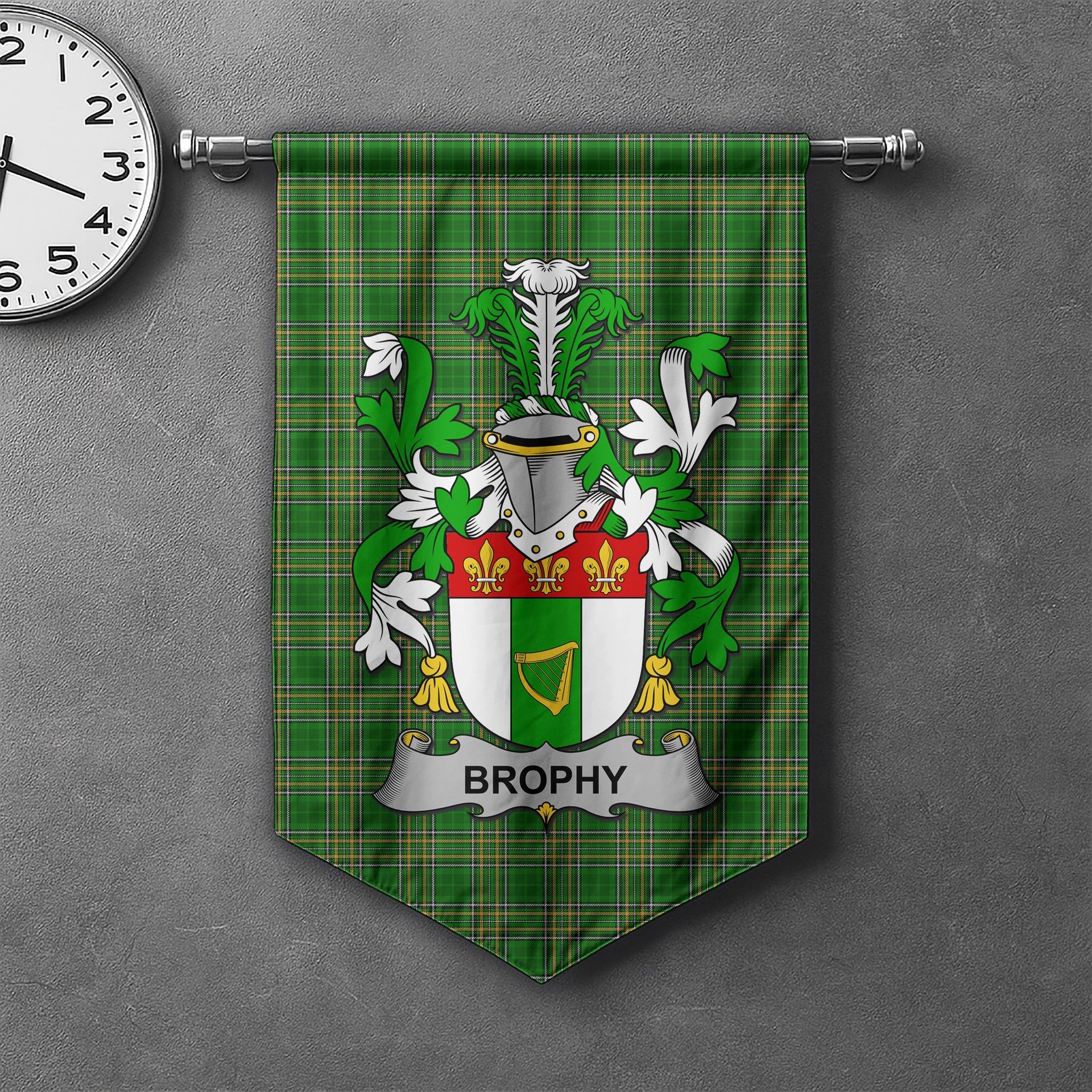 ScotsTee Shop Irish Brophy or O'Brophy Clan Coat of Arms Irish Tartan Gonfalon Flag