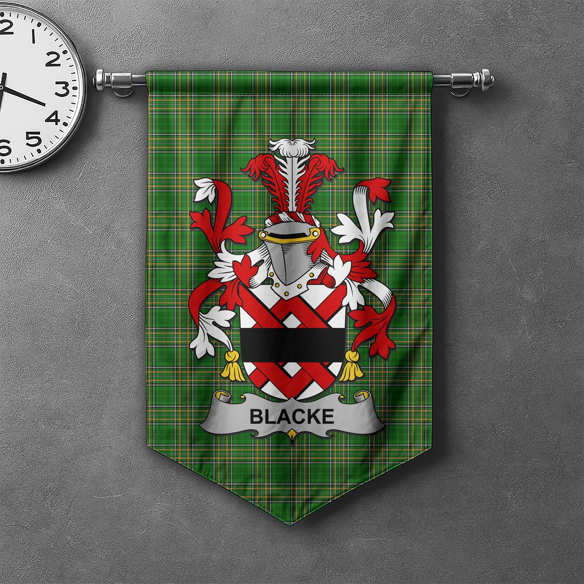 ScotsTee Shop Irish Blacke Clan Coat of Arms Irish Tartan Gonfalon Flag
