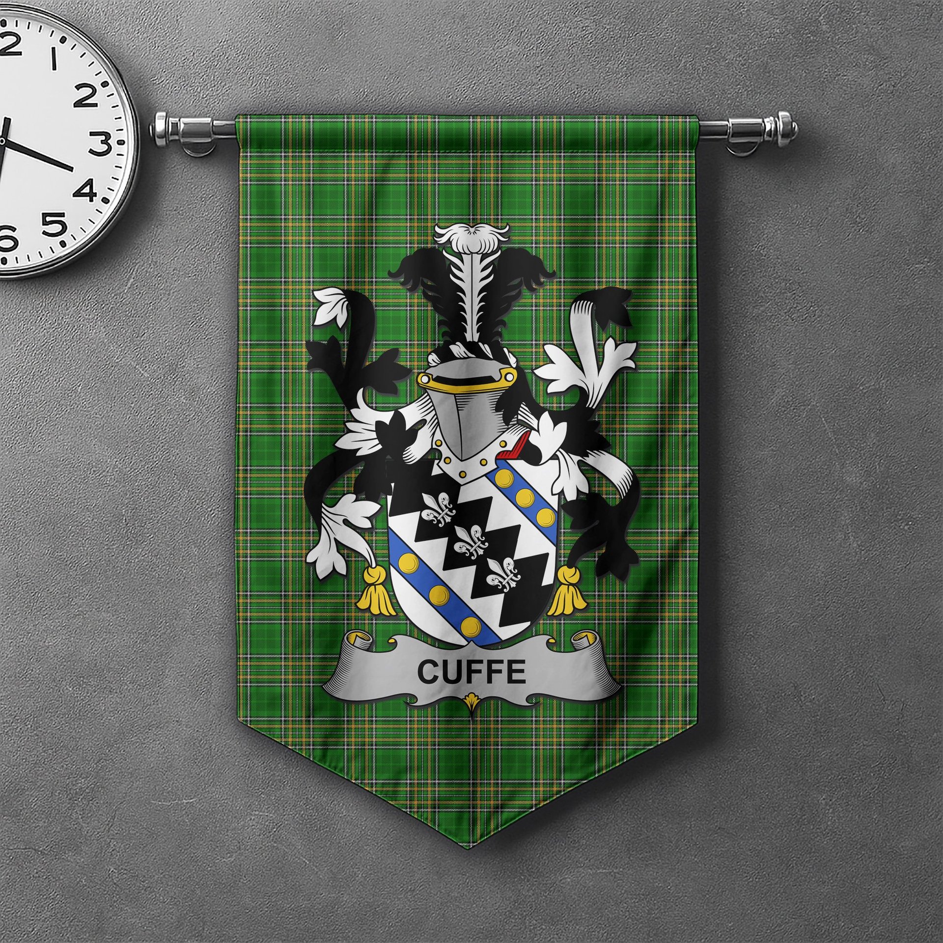 ScotsTee Shop Irish Cuffe Clan Coat of Arms Irish Tartan Gonfalon Flag
