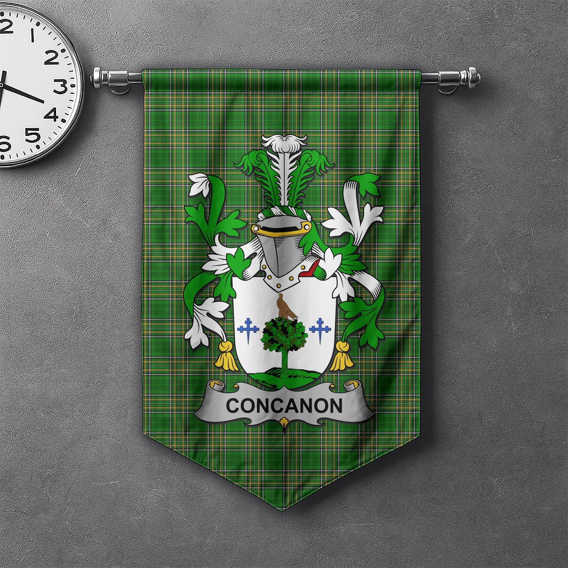 ScotsTee Shop Irish Concanon or O'Concanon Clan Coat of Arms Irish Tartan Gonfalon Flag