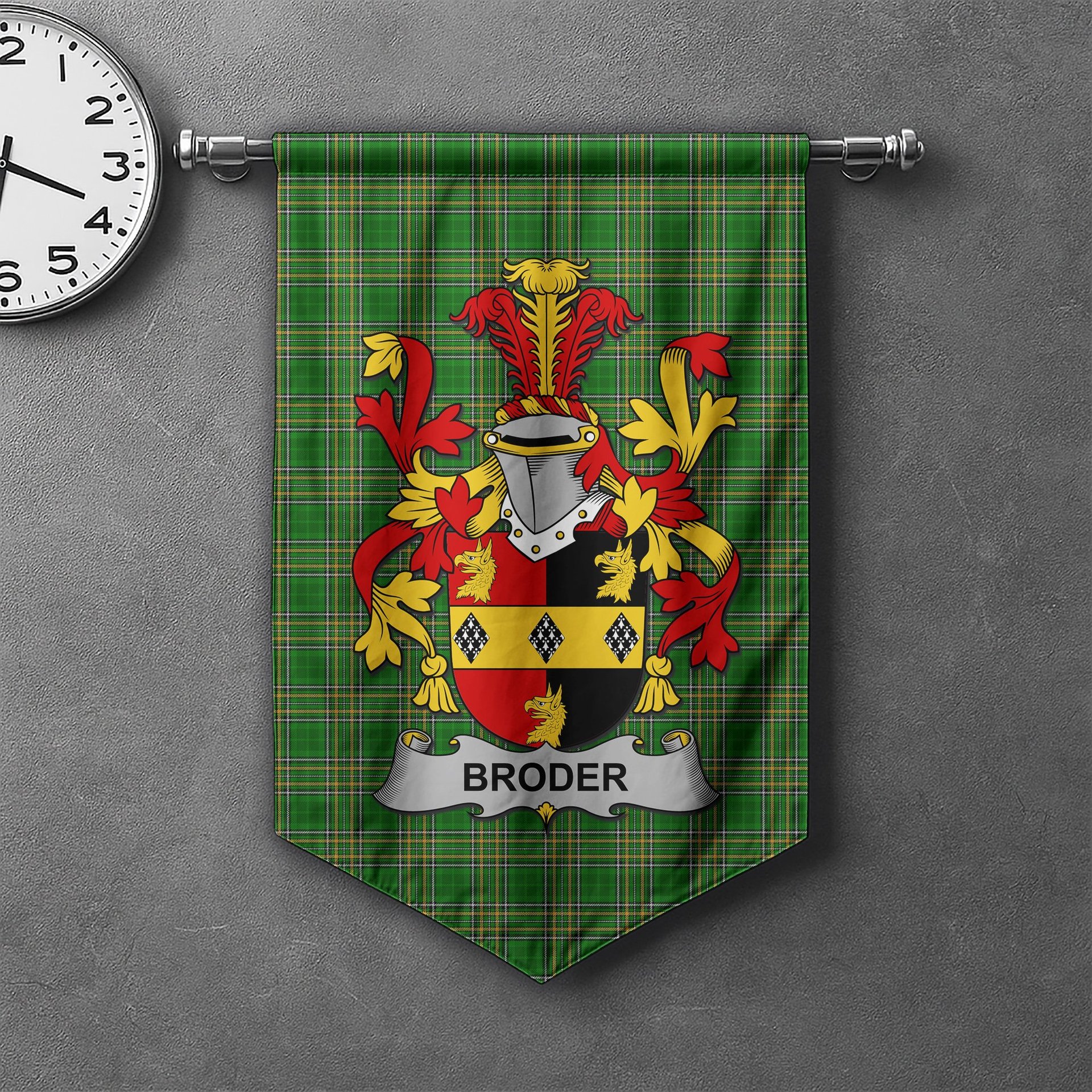 ScotsTee Shop Irish Broder or O'Broder Clan Coat of Arms Irish Tartan Gonfalon Flag