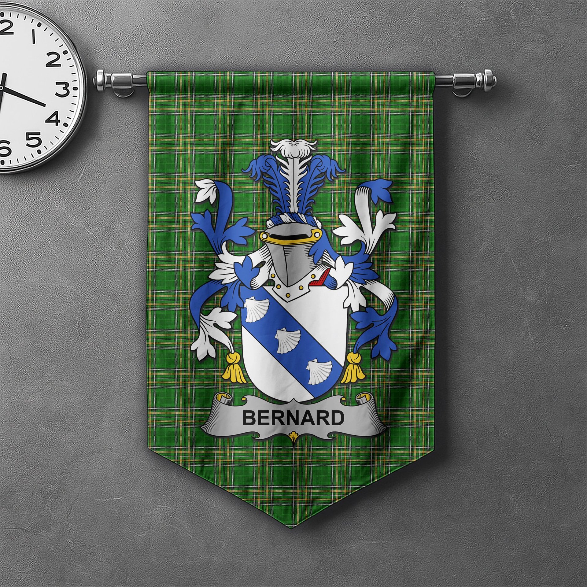 ScotsTee Shop Irish Bernard Clan Coat of Arms Irish Tartan Gonfalon Flag