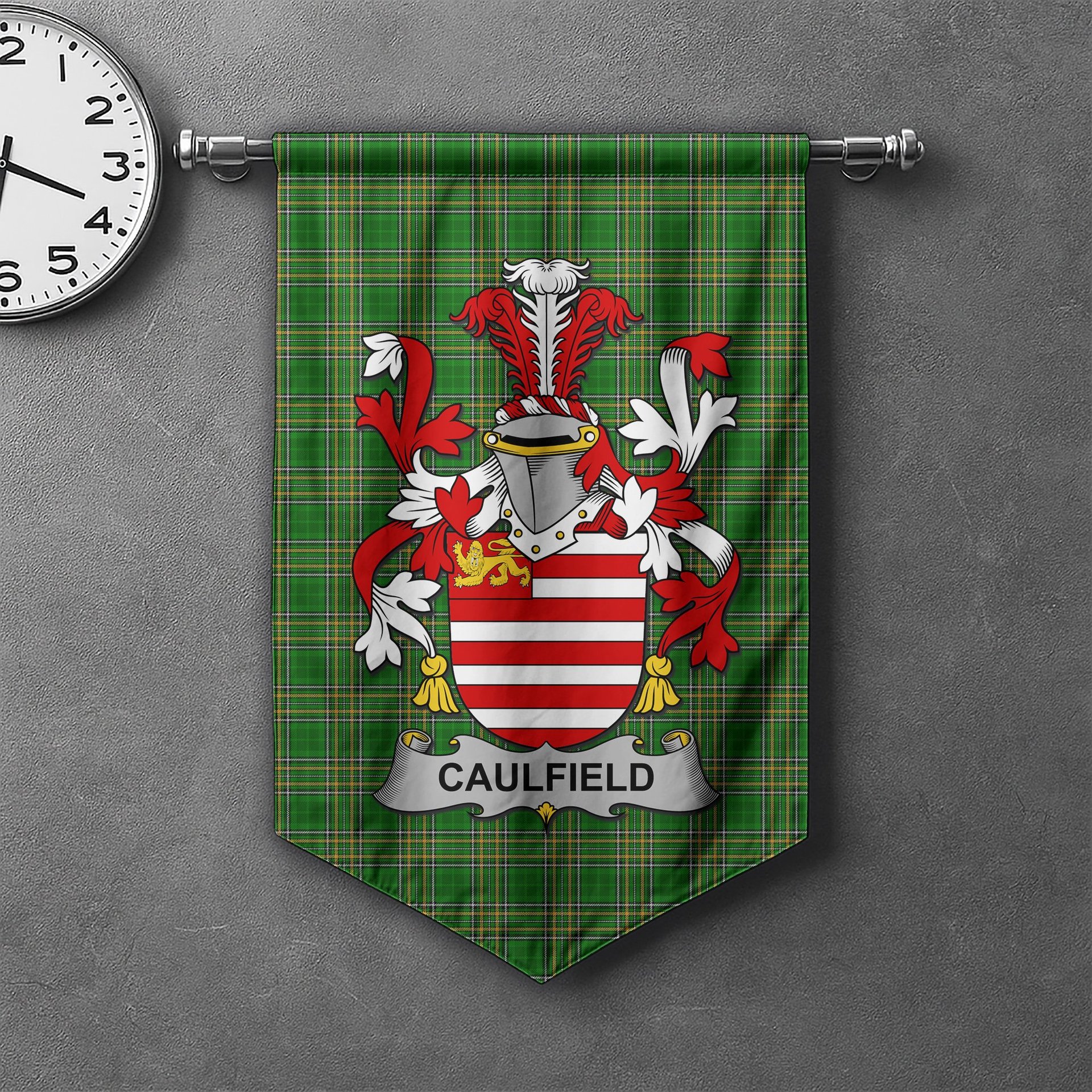 ScotsTee Shop Irish Caulfield or Gaffney Clan Coat of Arms Irish Tartan Gonfalon Flag
