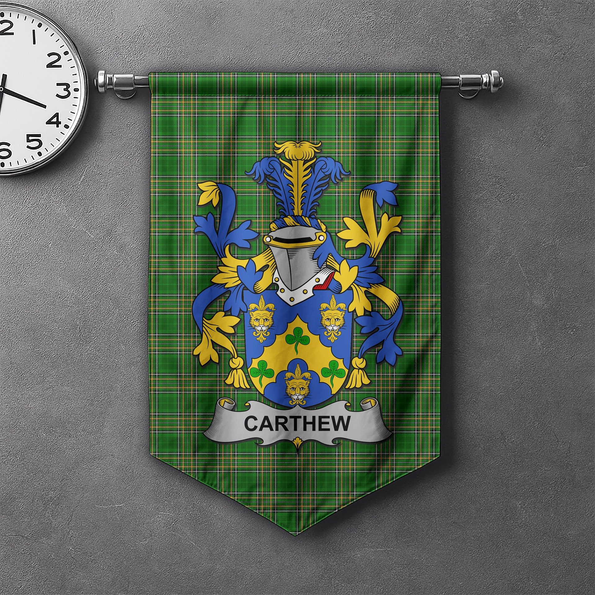 ScotsTee Shop Irish Carthew Clan Coat of Arms Irish Tartan Gonfalon Flag