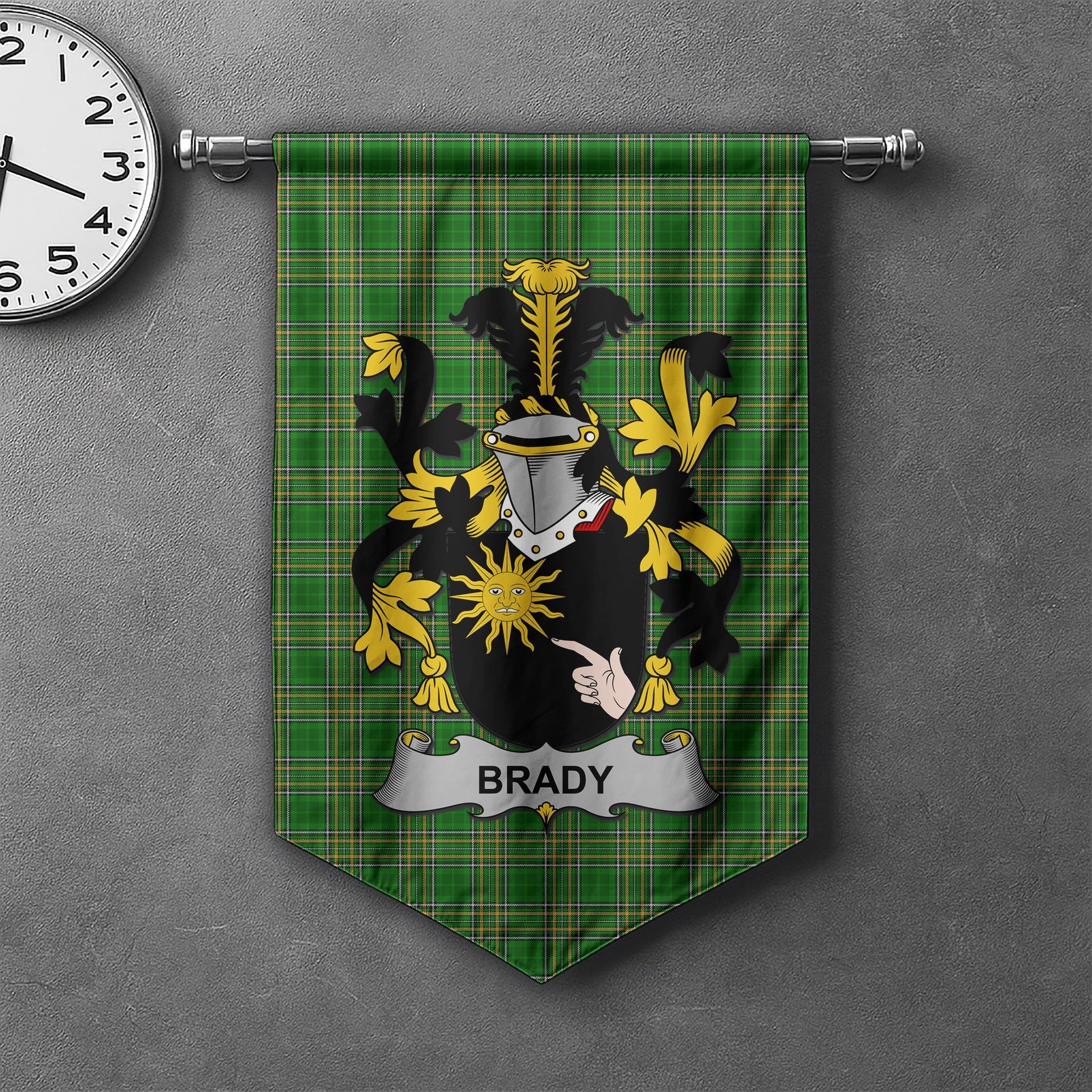 ScotsTee Shop Irish Brady or McBrady Clan Coat of Arms Irish Tartan Gonfalon Flag