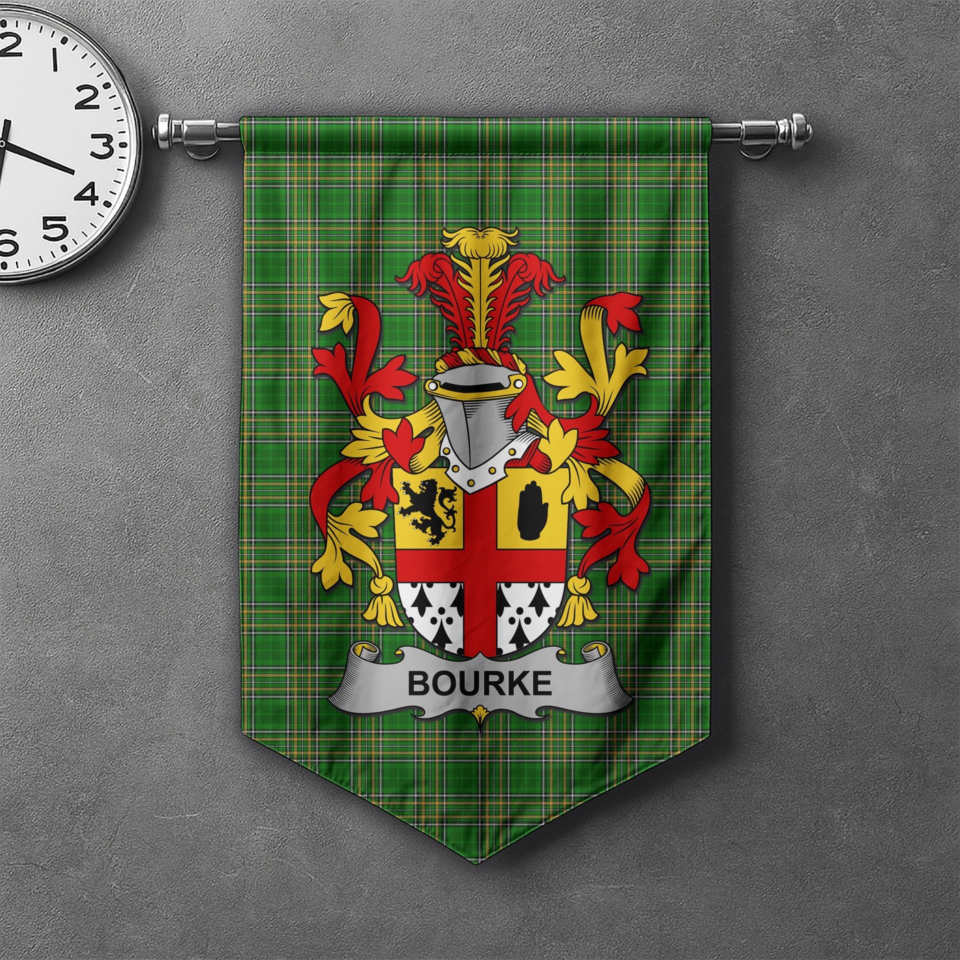 ScotsTee Shop Irish Bourke Clan Coat of Arms Irish Tartan Gonfalon Flag