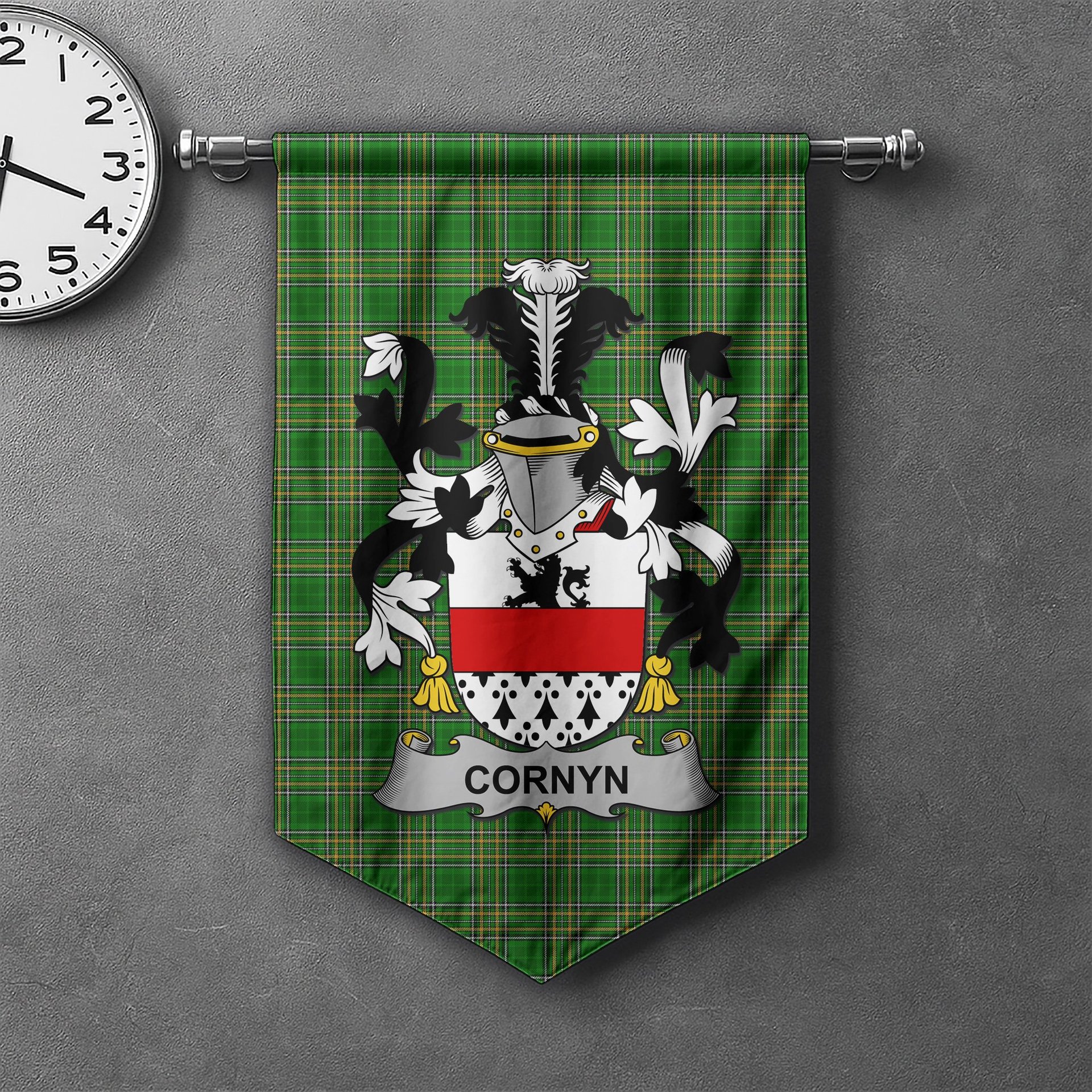 ScotsTee Shop Irish Cornyn or O'Cornyn Clan Coat of Arms Irish Tartan Gonfalon Flag