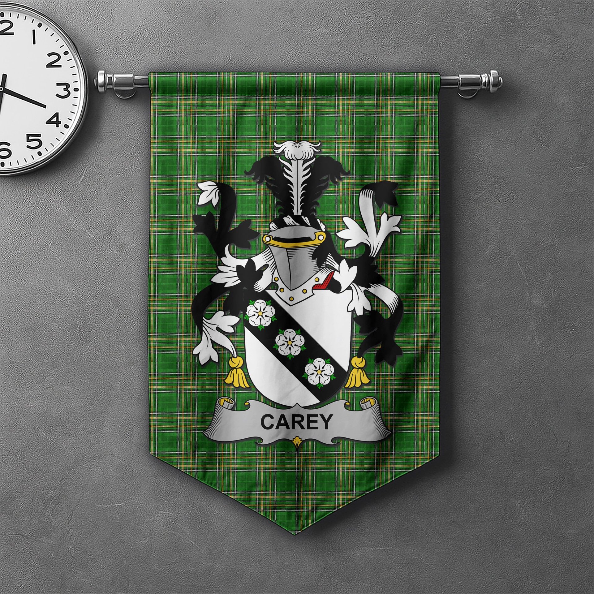 ScotsTee Shop Irish Carey or Cary Clan Coat of Arms Irish Tartan Gonfalon Flag